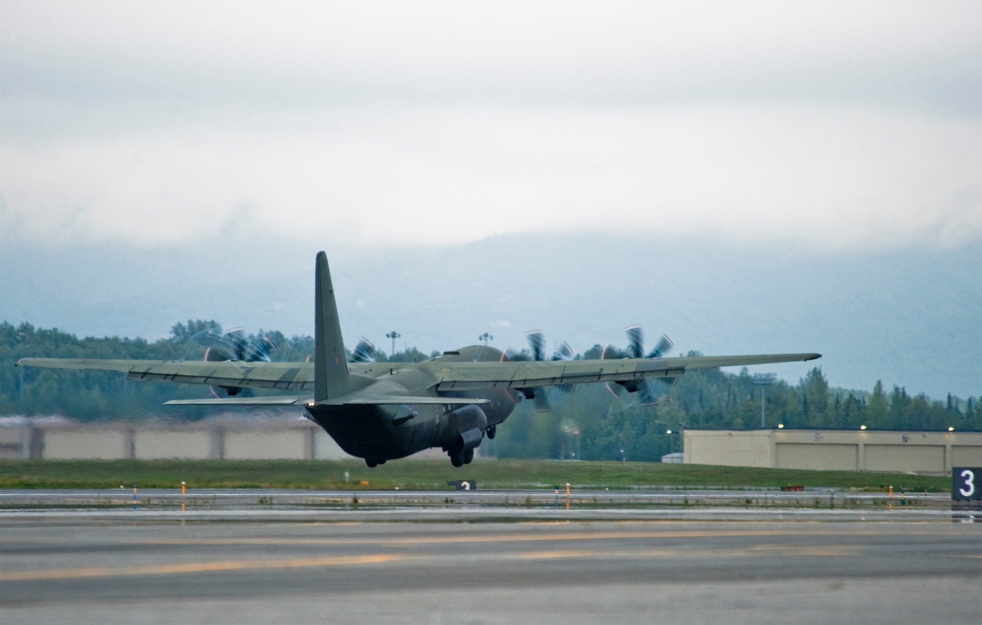 JOINT BASE ELMENDORF-RICHARDSON, Alaska -- A C-130 Hercules from the United Kingdom Royal Air Force?s No. 47 Squadron takes off Aug. 22 during a sortie for Red Flag-Alaska 11-3. The 47th traveled from the U.K. with 56 members of the RAF to participate in RF-Alaska, which takes place from Aug. 15 through 26. While here they will work on enhancing their skills in cargo-air drops, electronic warfare, assault-strip landings and more. (U.S. Air Force photo/Senior Airman Christopher Gross)