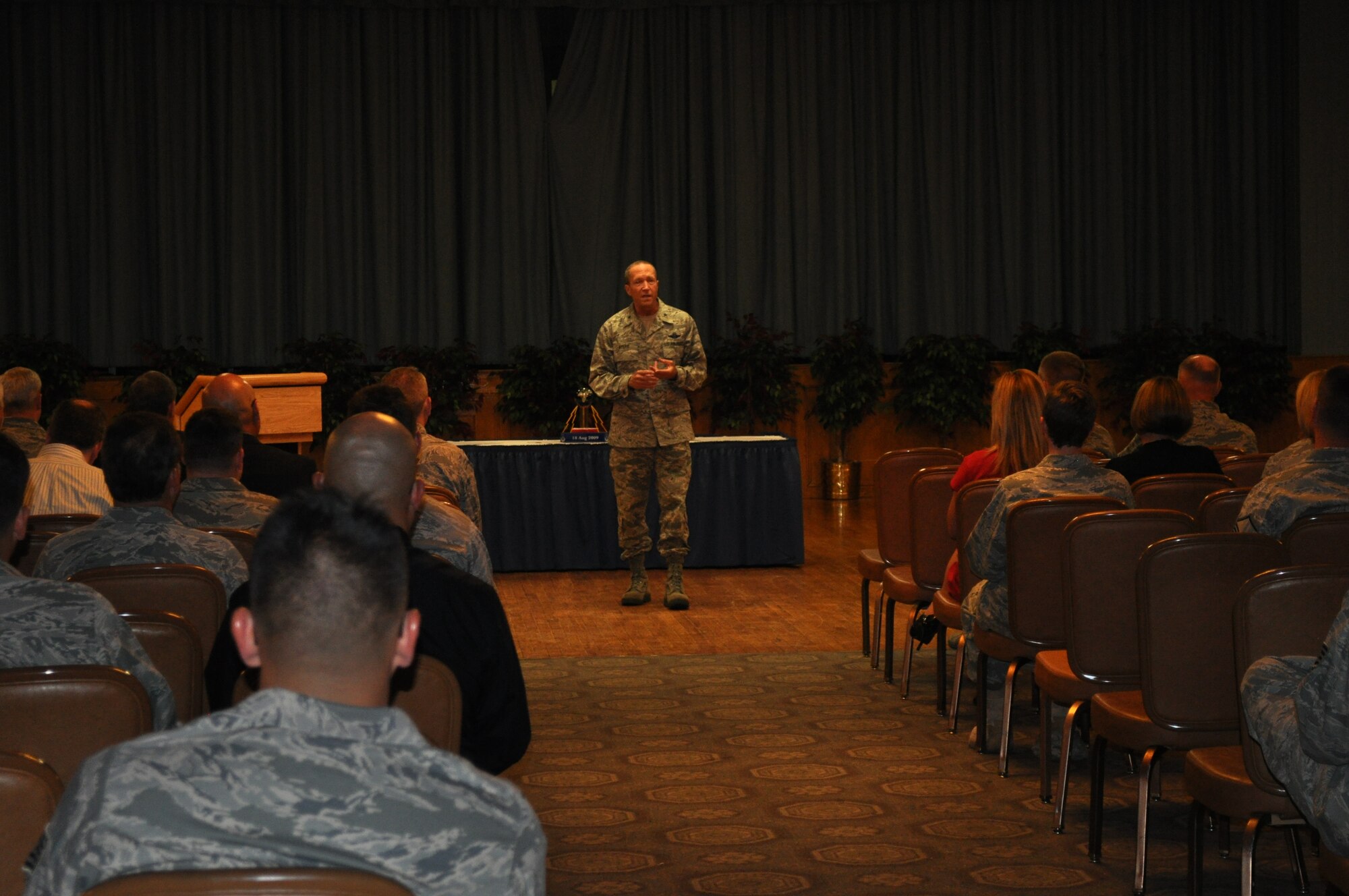 Brig. Gen. Paul Ayers, Air National Guard assistant to the commander, 24th Air Force, speaks to about 150 members of 24th Air Force and the 624th Operations Center, about the occasion of the command's second anniversary, Aug. 18. Personnel gathered to commemorate the accomplishments of the past two years, and to look ahead to growth in the areas of capability, capacity and collaboration. (U.S. Air Force photo by Christine D. Millette)