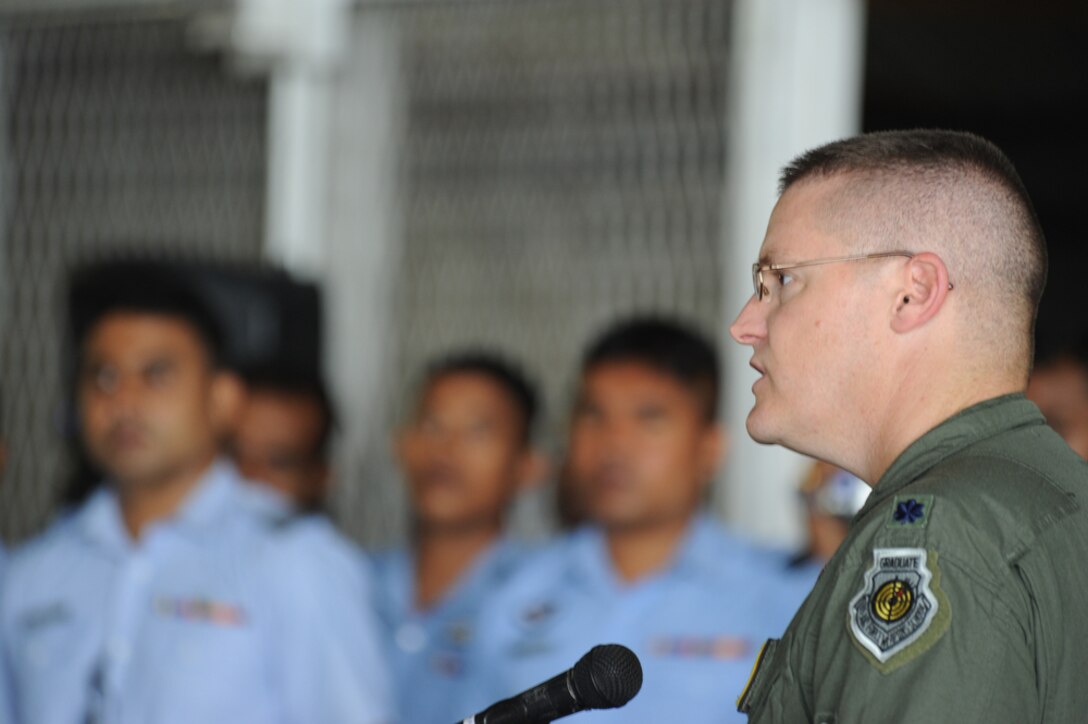 Lt. Col. Tim Rapp makes a few opening remarks  for the start of Pacific Airlift Rally 2011 Aug. 22, 2011, at Ratmalana Airport, Colombo, Sri Lanka. PAR is a Pacific Air Force sponsored, biennial multilateral tactical military airlift symposium. Airmen from the Royal Australian Air Force, Sri Lankan Air Force, Royal Malaysian Air Force and U.S. Air Force are participating in the one-week exercise. Rapp is the commander of the 36th Expeditionary Squadron. (Department of Defense photo/Master Sgt. Cohen A. Young)

