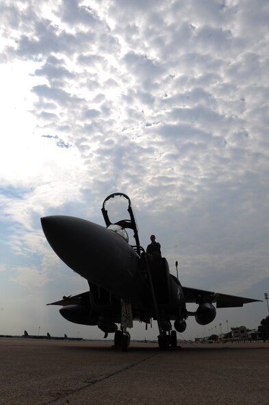 Capt. Matthew Bethel, 336th Fighter Squadron, sits on an F-15E Strike Eagle on Barksdale Air Force Base, La., Aug 23. Members of the 336 FS flew here from Seymour Johnson Air Force Base, N.C., for training. (U.S. Air Force photo/Airman 1st Class Micaiah Anthony)(RELEASED)