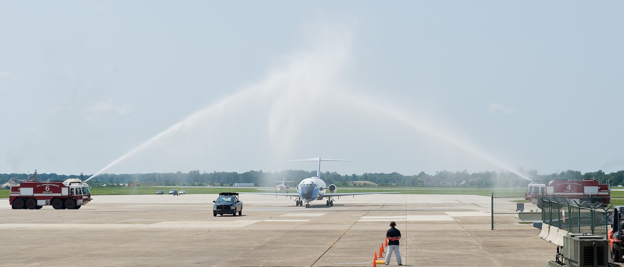 Air Force Two receives a traditional spray-down as it taxies into the Air Mobility Command Museum, Aug. 18, 2011. The aircraft retired at the AMC Museum after more than 30 years of service. (U.S. Air Force photo by Roland Balik)