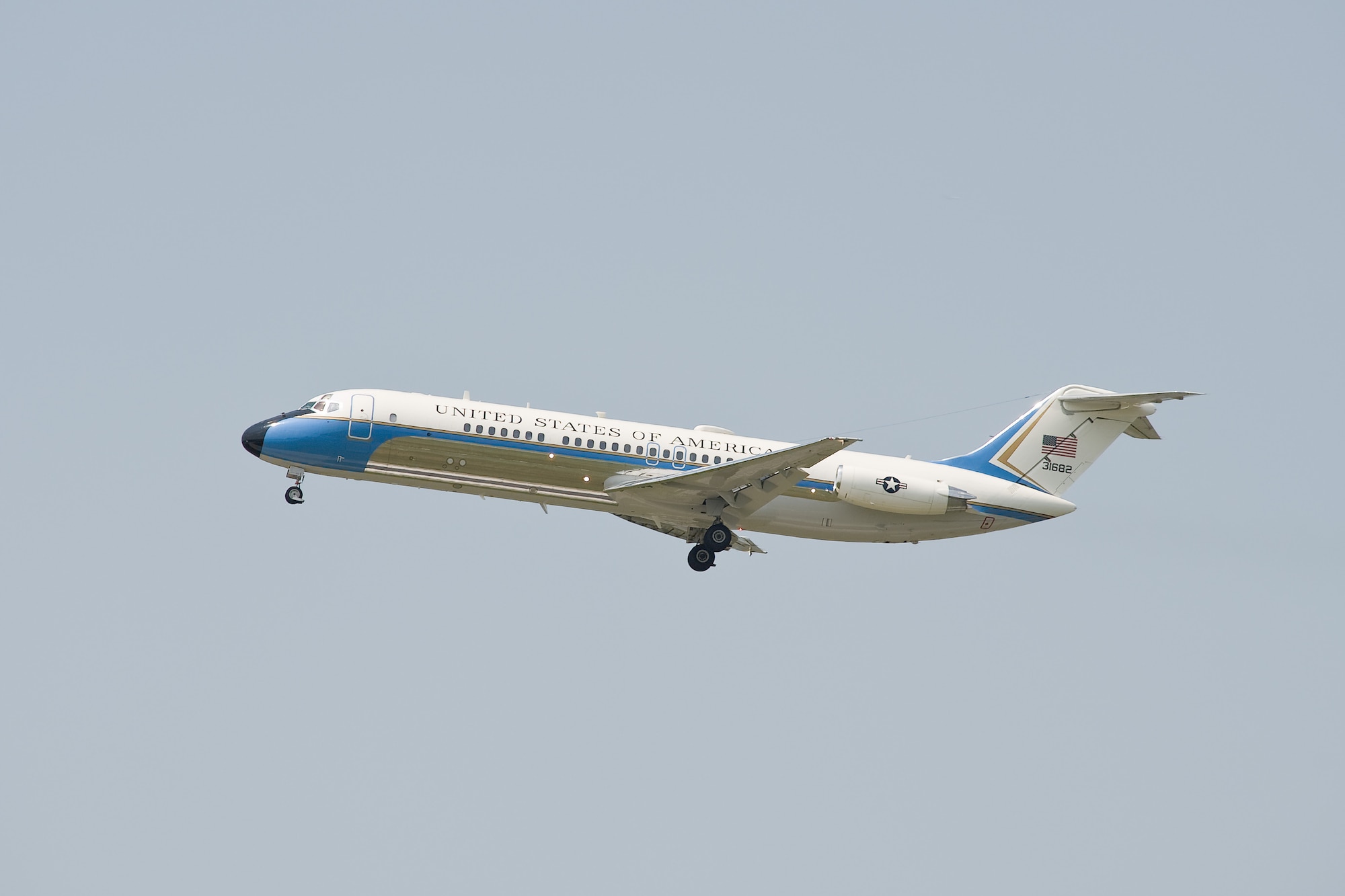 Air Force Two undertakes its final flight Aug. 18, 2011, above Dover Air Force Base, Del. The aircraft retired at the Air Mobility Command Museum after more than 30 years of service. (U.S. Air Force photo by Roland Balik)