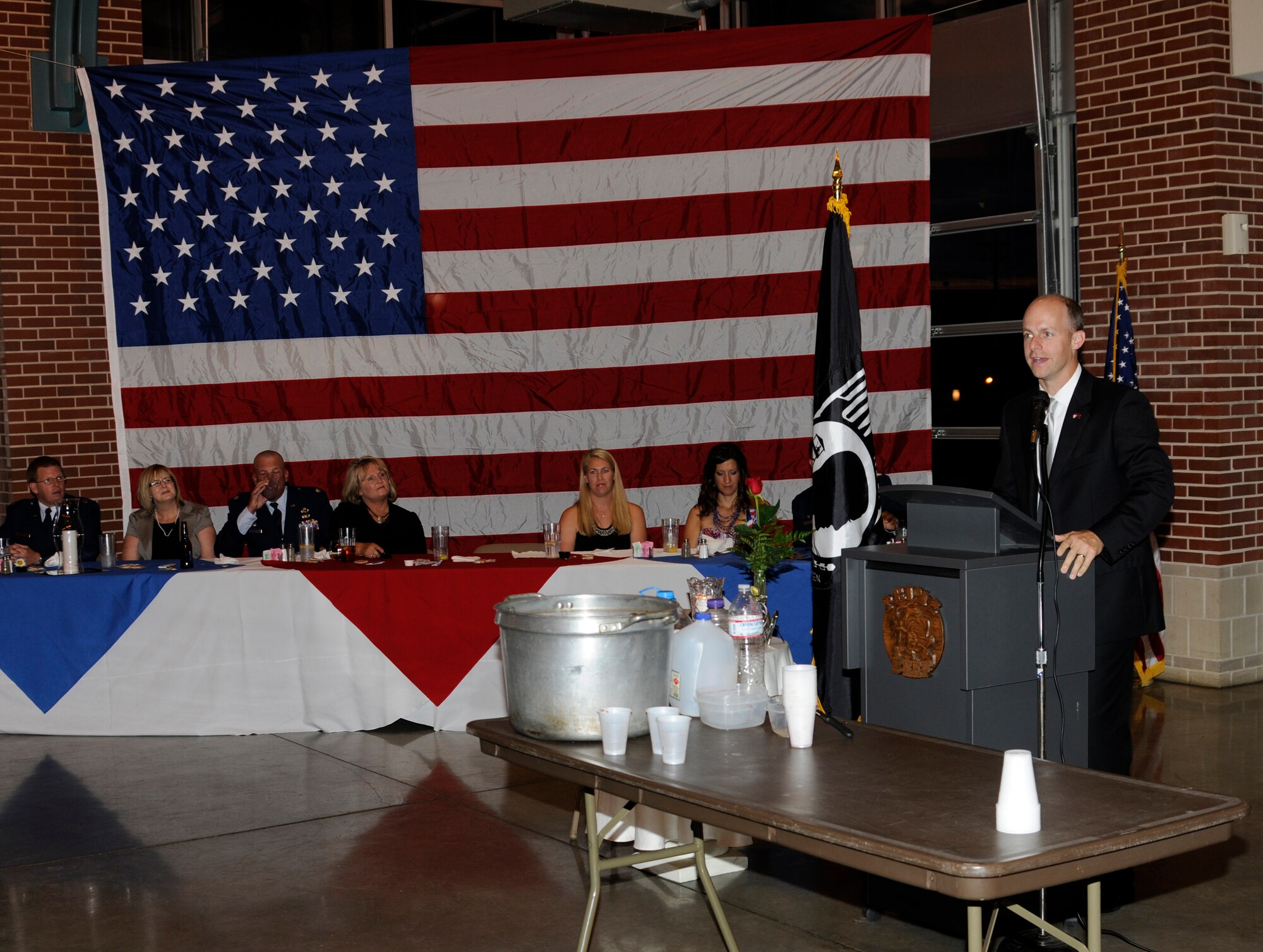 Arkansas Senator Jake Files speaks at a formal dining-in ceremony held by the 188th Civil Engineering Squadron Aug. 10. The event helped to foster squadron camaraderie before the unit ventured to Tyndall Air Force Base, Fla., to participate in Exercise Silver Flag during annual training. (U.S. Air Force photo by Senior Master Sgt. Dennis Brambl)
