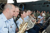 STEWART ANGB, Newburgh N.Y. - Members of the Air National Guard Band of the Northeast playing the Air Force Song at the conclusion of the 105th Airlift Wing's C-17 Rollout ceremony on Aug. 6, 2011. (U.S. Air Force photo by Tech. Sgt. Michael OHalloran) (released)