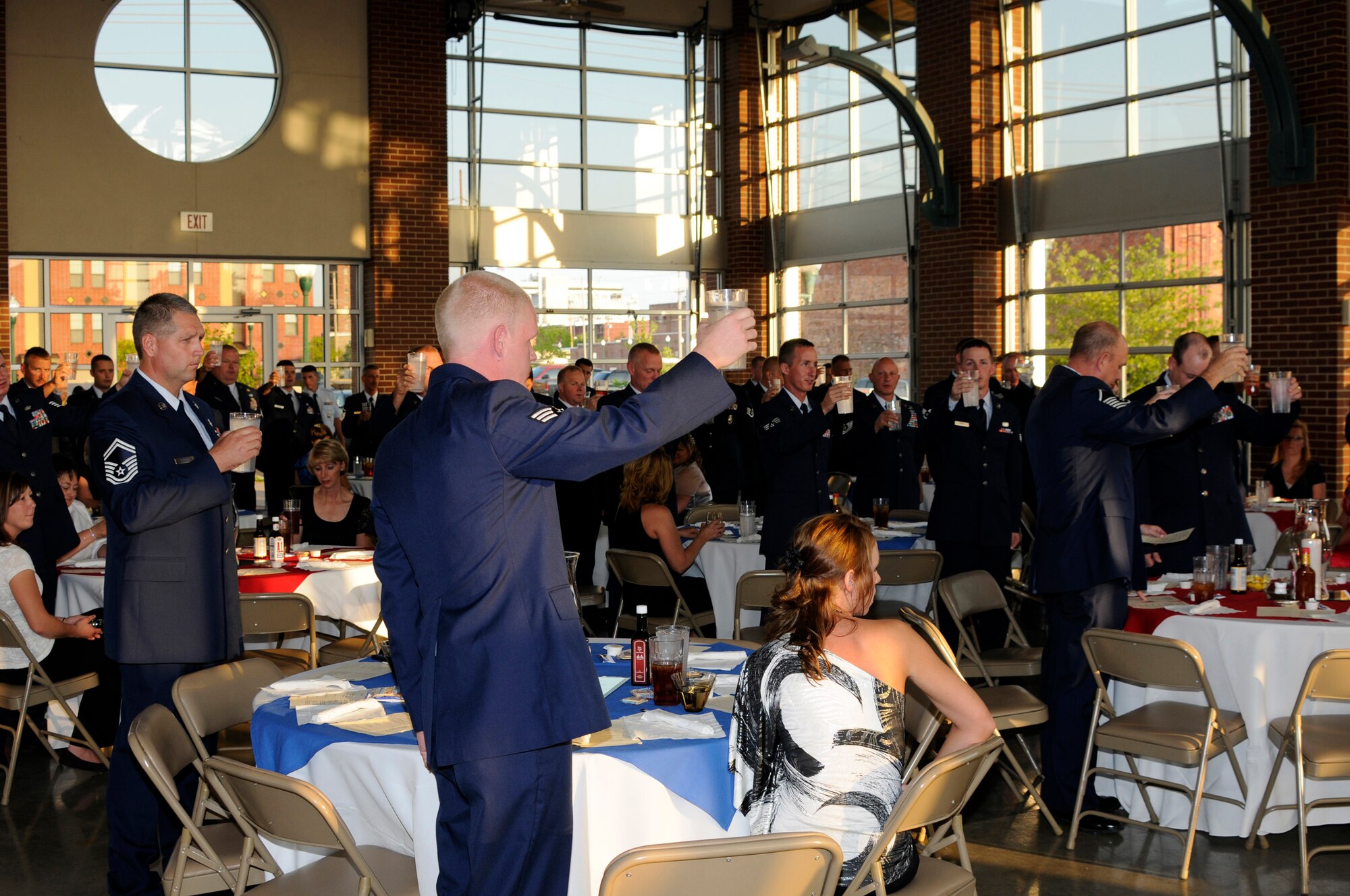 Members of the 188th Civil Engineering Squadron attend a formal dining-in ceremony Aug. 10 to help foster squadron camaraderie before the unit ventured to Tyndall Air Force Base, Fla., to participate in Exercise Silver Flag during annual training. (U.S. Air Force photo by Senior Master Sgt. Dennis Brambl)