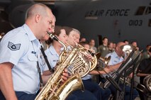 STEWART ANGB, Newburgh N.Y. - Members of the Air National Guard Band of the Northeast playing the Air Force Song at the conclusion of the 105th Airlift Wing's C-17 Rollout ceremony on Aug. 6, 2011. (U.S. Air Force photo by Tech. Sgt. Michael OHalloran) (released)