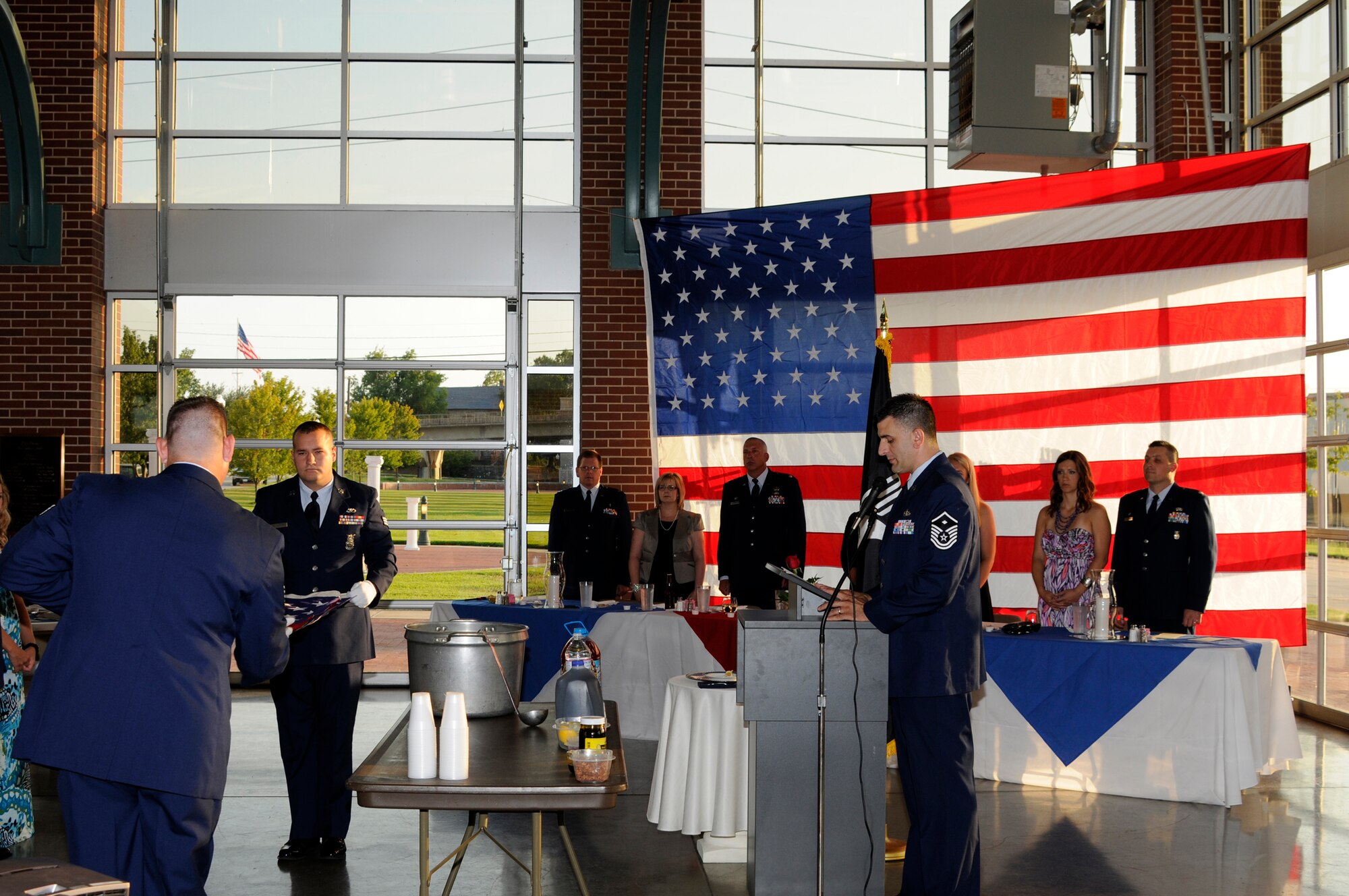 Members of the 188th Civil Engineering Squadron attend a formal dining-in ceremony Aug. 10 to help foster squadron camaraderie before the unit ventured to Tyndall Air Force Base, Fla., to participate in Exercise Silver Flag during annual training. (U.S. Air Force photo by Senior Master Sgt. Dennis Brambl)