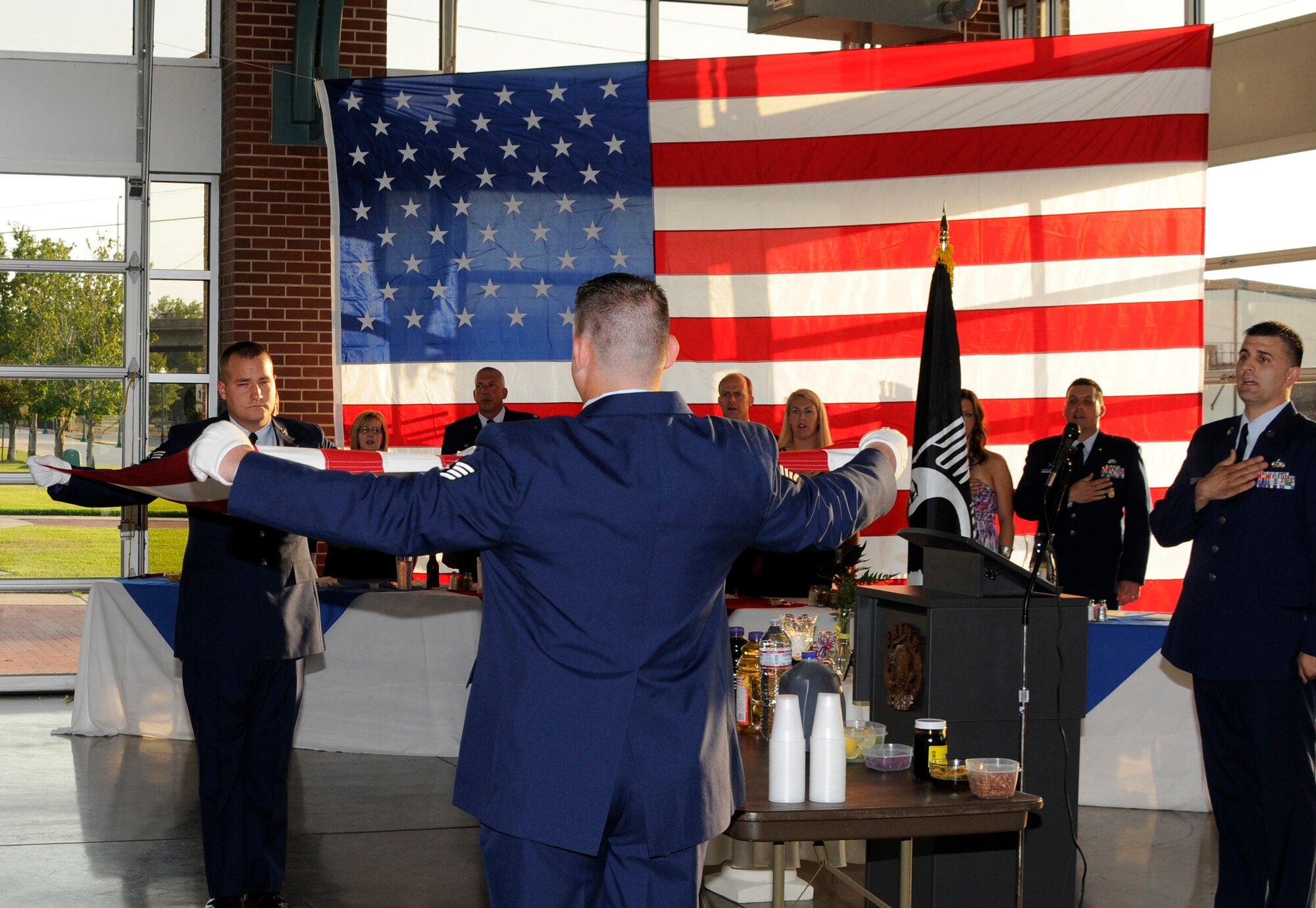 Members of the 188th Civil Engineering Squadron attend a formal dining-in ceremony Aug. 10 to help foster squadron camaraderie before the unit ventured to Tyndall Air Force Base, Fla., to participate in Exercise Silver Flag during annual training. (U.S. Air Force photo by Senior Master Sgt. Dennis Brambl)