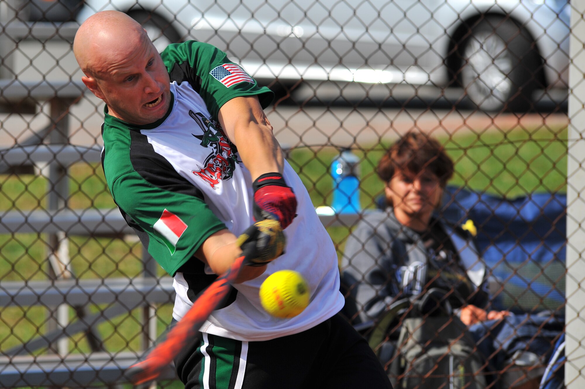 SPANGDAHLEM AIR BASE, Germany –Wade Jacobson, Allied Joint Force Command Naples, Italy, hits a softball during the U.S. Armed Forces in Europe softball championship here Aug. 19. Naples beat the Incirlik Sultans 12-5 in this preliminary game. The Ramstein Lady Rams beat the Lakenheath Lady Eagles 5-4, and the Ramstein Rams beat the Aviano Dragons 28-16 in the final championship games. Both male and female U.S. Forces softball teams from the Army and Air Force, including the Spangdahlem Saber teams, participated in the annual event. (U.S Air Force photo/Airman 1st Class Dillon Davis)