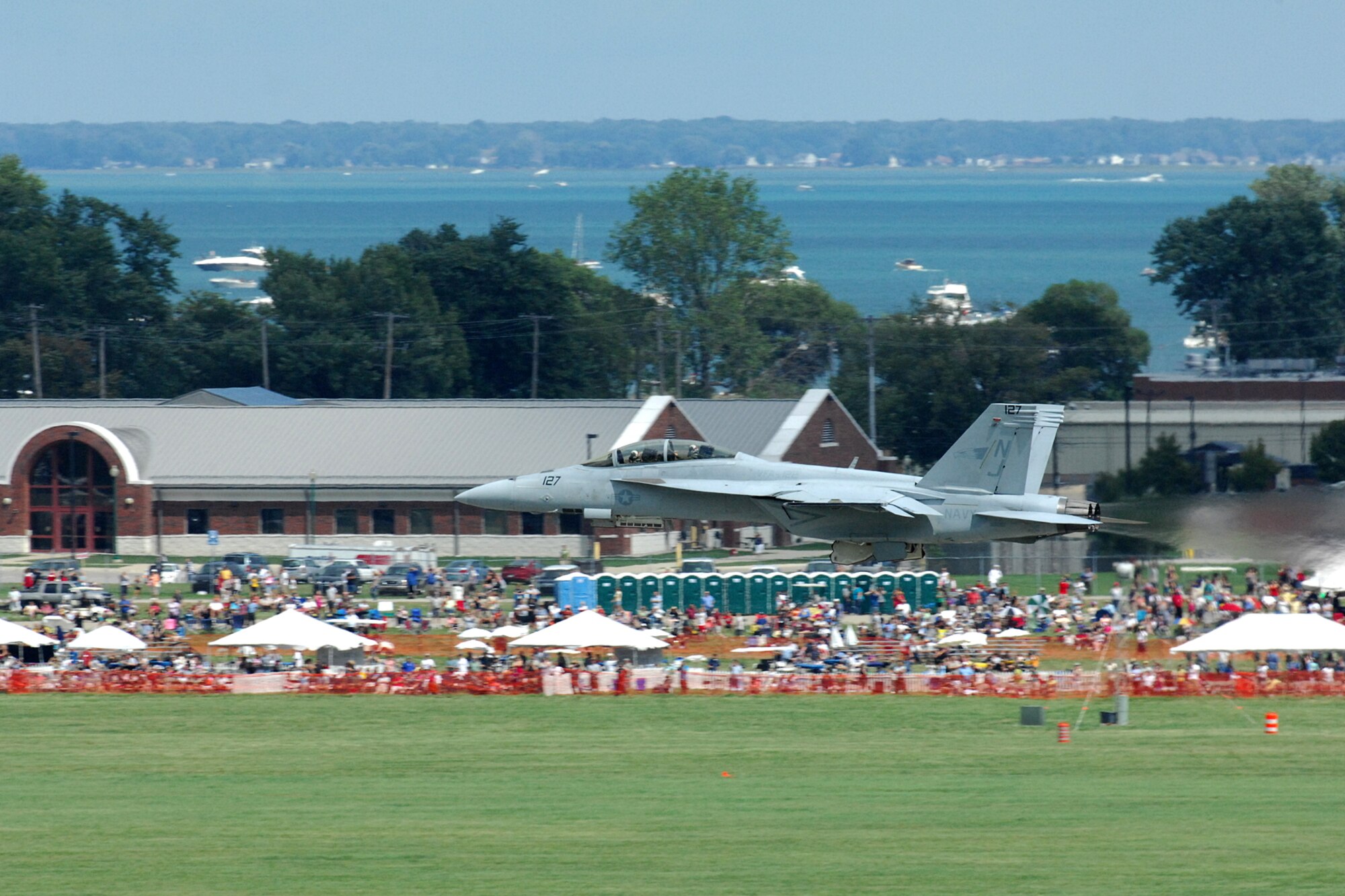 A U.S. Navy F/A-18 Super Hornet makes a low speed pass during a performance at the 2011 Selfridge Air Show and Open House at Selfridge Air National Guard Base, Mich., Aug. 20, 2011. (USAF photo by John S. Swanson)