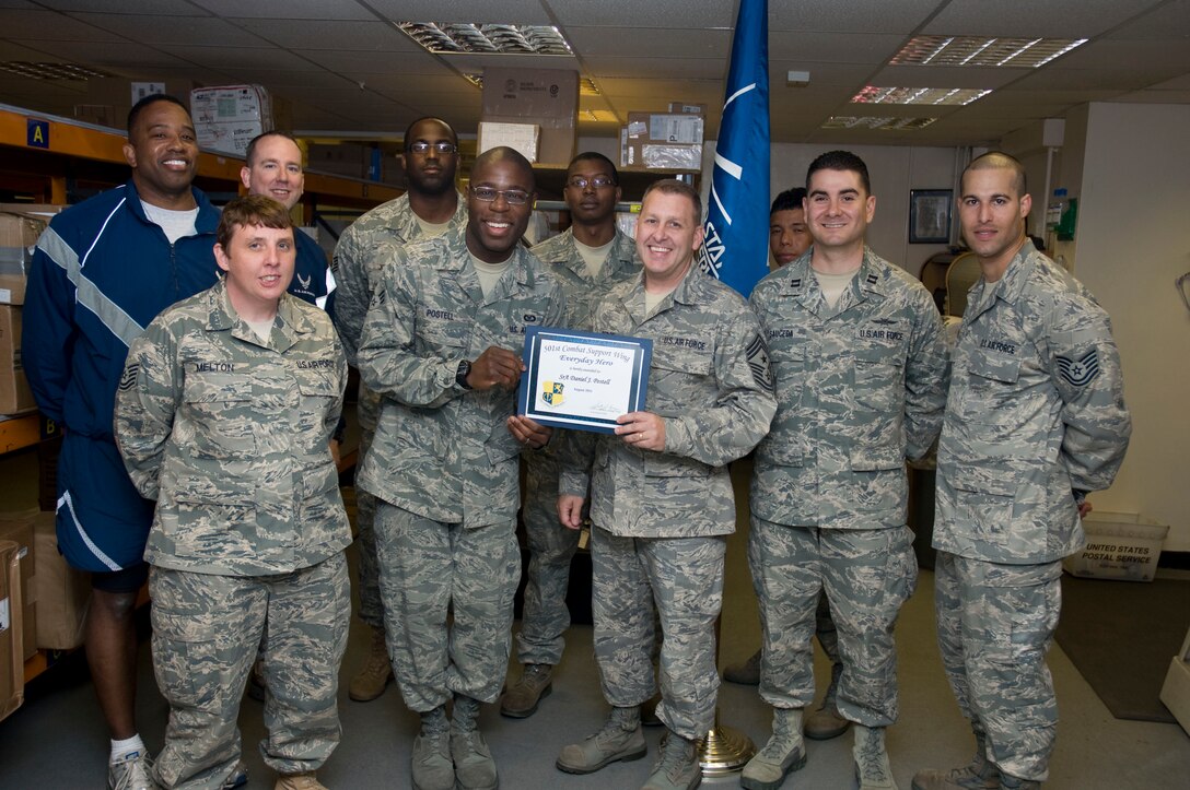 RAF MENWITH HILL, United Kingdom - Senior Airman Daniel Postell, 421st Air Base Squadron, was named the August 501st Everyday Hero from the 421st Air Base Group. Postell is a military postal clerk who serves more than 4,500 joint-service members here. (U.S. Air Force photo by Staff Sgt. Eric Anderson)