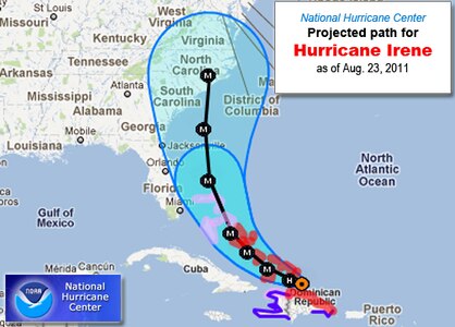 According to the latest National Hurricane Center data, Hurricane Irene could still impact our area.  Are your prepared for this one, and future storms? (NOAA MAP