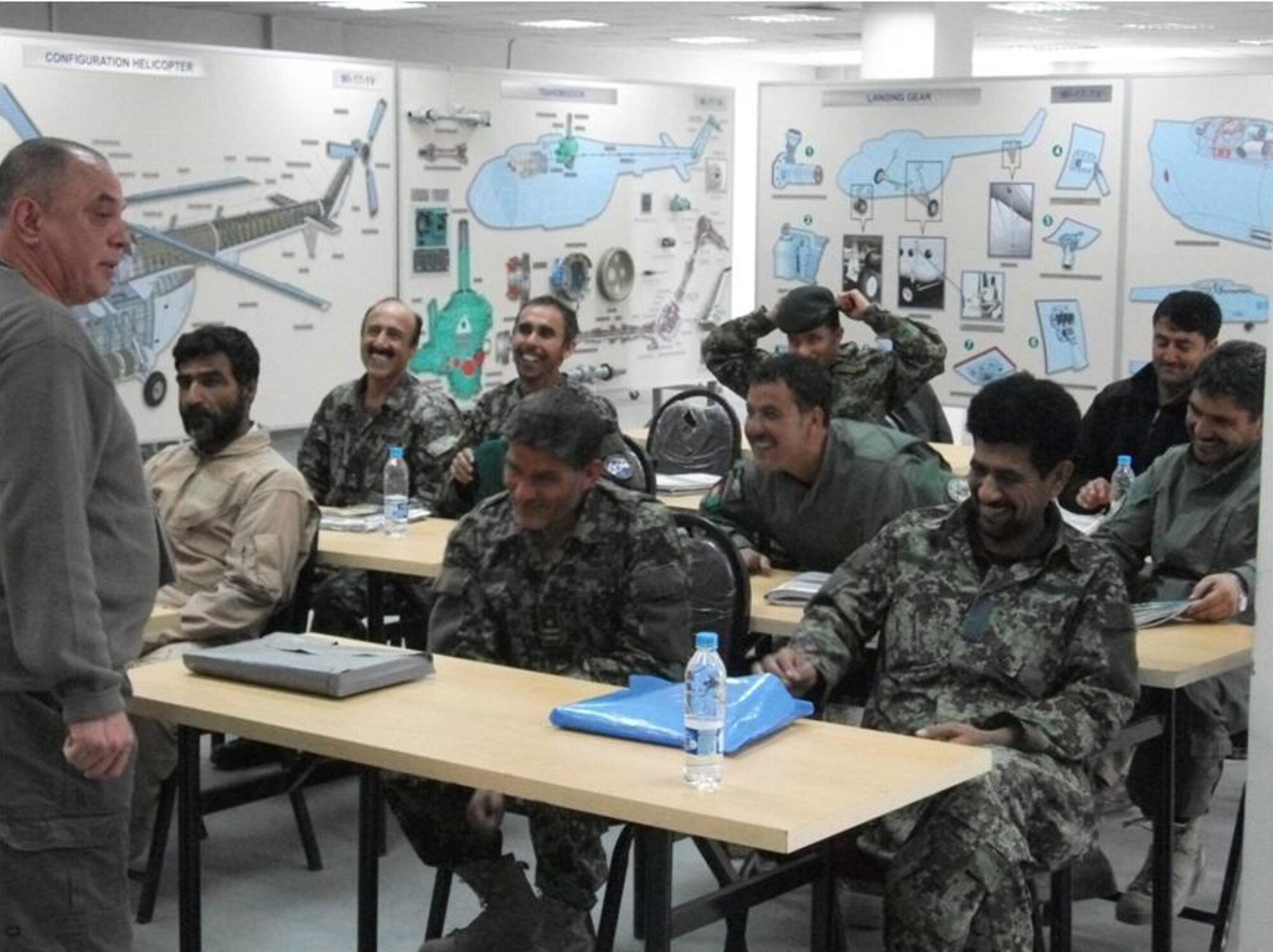 Professor Igor Trygub from the Kharkiv Aviation Institute, Ukraine, addresses Afghan Air Force students after successful completion of their final examination in the intermediate-level Mi-17 helicopter systems and maintenance course August 23, 2011. (U.S. Air Force courtesy photo)