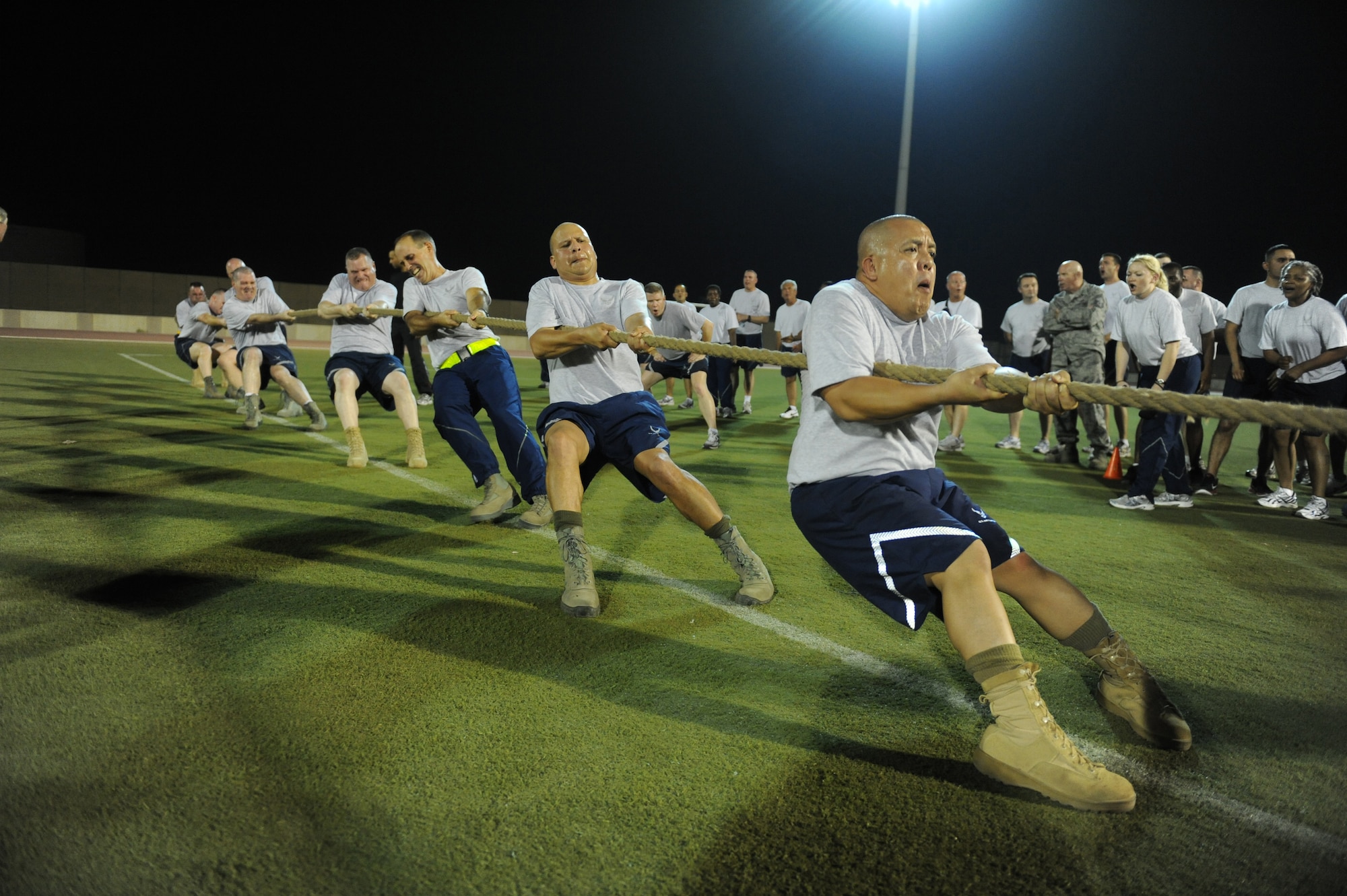 The 380th Air Expeditionary Wing chiefs' group team bears down during the final and decisive pull at the 2011 Ramadan Games, Aug. 16, 2011. The chiefs won the pull after a heated back and forth series with the host nation team to take the title. The Ramadan Games is an annual sporting competition put on at an air base in Southwest Asia in which teams from the 380th AEW, the 3rd Battalion, 4th Air Defense Regiment of the U.S. Army, the French air force and the host nation military compete in events including soccer, volleyball, tug o' war and swimming. (U.S. Air Force photo/Master Sgt. Chance Babin)
