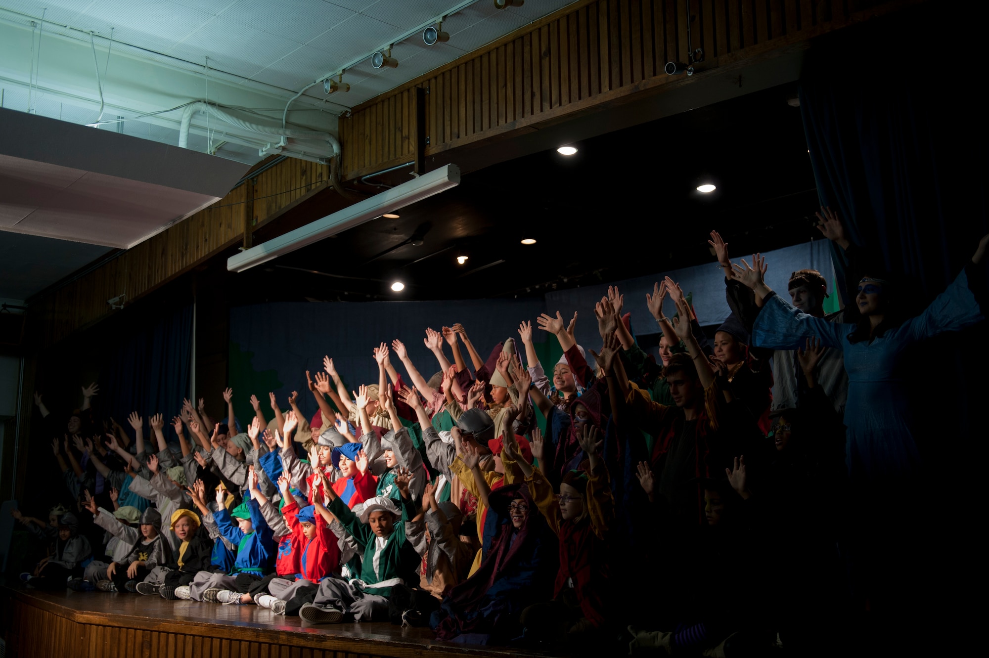 The cast of "King Arthur's Quest" performs Aug. 20, 2011, at the community center at Incirlik Air Base, Turkey. Sixty-four children from the base participated in the play put on by the Missoula Children's Theatre. The theatre visits a variety of public venues to include most stateside and several overseas military installations to teach children about the performing arts. (U.S. Air Force photo by Tech. Sgt. Michael B. Keller/Released)