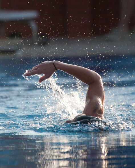 A swimmer competes in the 225-meter swim portion of the 3rd Annual Sprint Triathlon Aug. 20, 2011, at Incirlik Air Base, Turkey. The triathlon also included a five-kilometer run and a 20-kilometer bike ride.(U.S. Air Force photo by Airman 1st Class Clayton Lenhardt/Released)