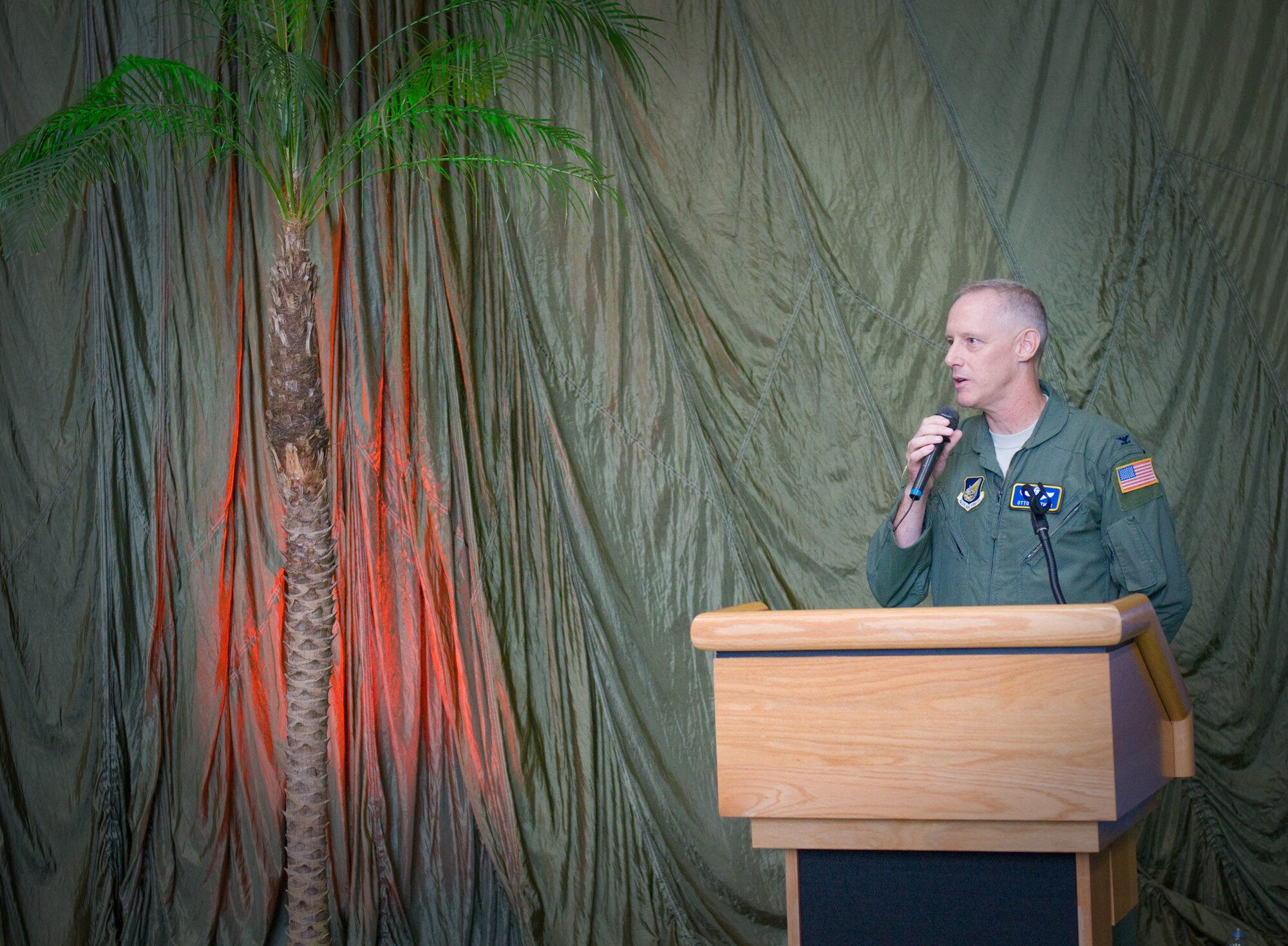 YOKOTA AIR BASE, Japan -- Col. Otto Feather, 374th Airlift Wing commander, thanks key leaders and distinguished visitors for their continued support during the Japanese-American Friendship Festival luncheon at Yokota Air Base, Japan, Aug. 21, 2011. The 374th Airlift Wing hosted the luncheon to give base leadership a chance to personally thank local dignitaries and reinforce good relations with the local community. (U.S. Air Force photo/Airman 1st Class Krystal M. Garrett) 