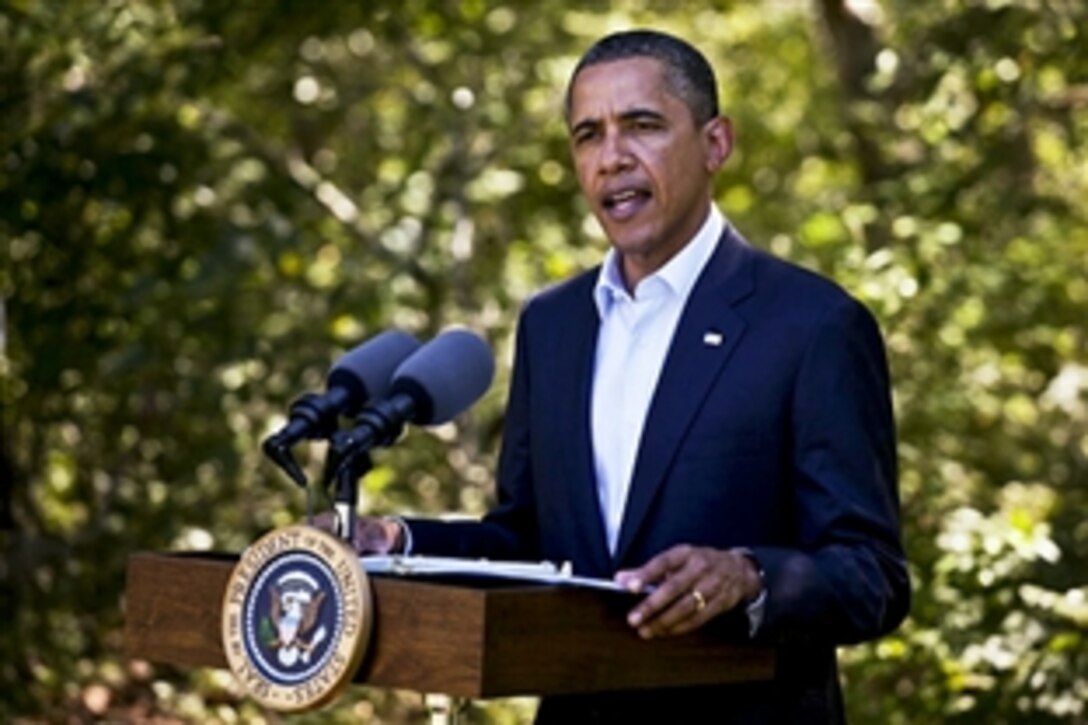 President Barack Obama speaks on the fluid situation in Libya and the actions the United States has taken with allies to protect the Libyan people during a press conference on Martha’s Vineyard, Mass., Aug. 22, 2011.