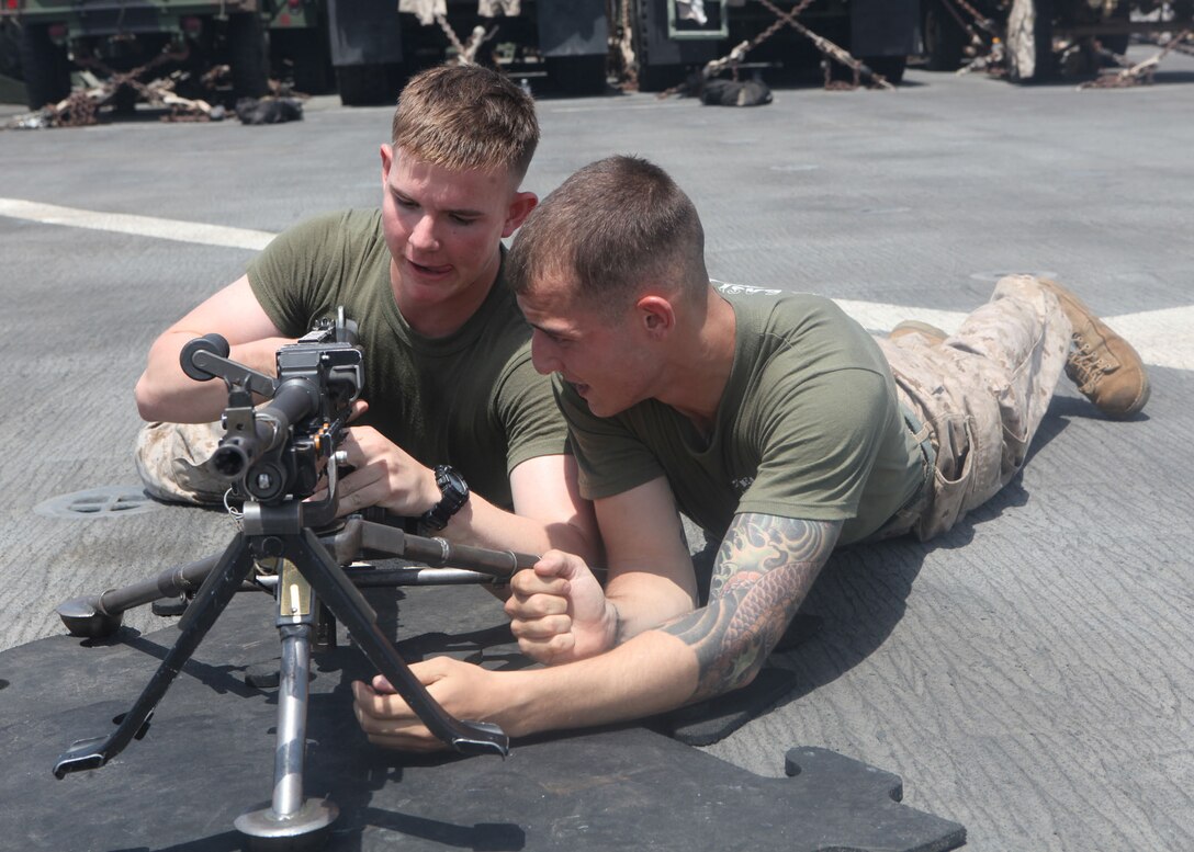 Lance Cpl. Eric T. Adams, left, a Flagler Beach, Fla., native, and Lance Cpl. Jay J. Cargnel, right, a Cleveland native, machine gunners with Echo Company, Battalion Landing Team, 2nd Battalion, 2nd Marine Regiment, 22nd Marine Expeditionary Unit (MEU), mount their M-240G machine gun during gun drills aboard dock landing ship USS Whidbey Island (LSD 41), Aug. 23, 2011. Gun drills provide machine gunners practice in moving with and employing their weapon system. The 22nd MEU is currently deployed as part of the Bataan Amphibious Ready Group (BATARG) as the U.S. Central Command theater reserve force, also providing support for maritime security operations and theater security cooperation efforts in the U.S. 5th Fleet area of responsibility.