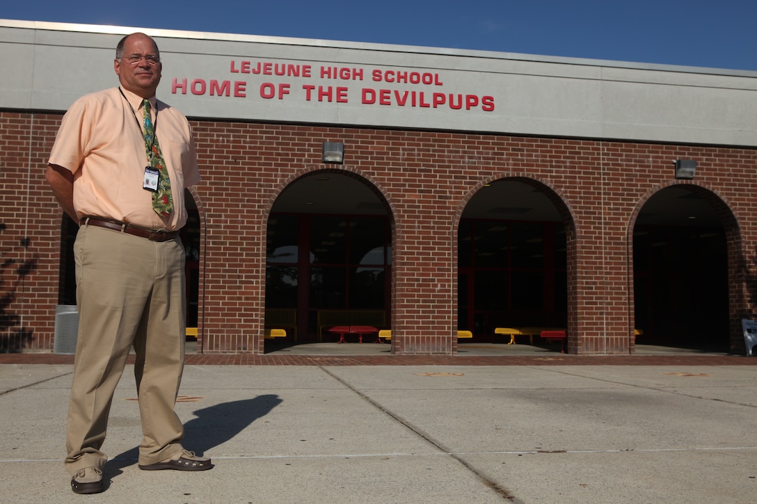 Since graduating Lejeune High School in 1980, LHS Principal Eric Steimel has spent his entire career, after graduating Wake Forest University in 1984, teaching, mentoring and leading students within the Department of Defense Education Activity school system on Marine Corps Base Camp Lejeune. Spending eight years as a science teacher, nine as assistant principal and principal at Brewster Middle School and an instructional systems specialist for the superintendent, Steimel now finds himself in his second year as the LHS principal. Steimel said, “If I didn’t attend Lejeune High School, I wouldn’t be in teaching.”