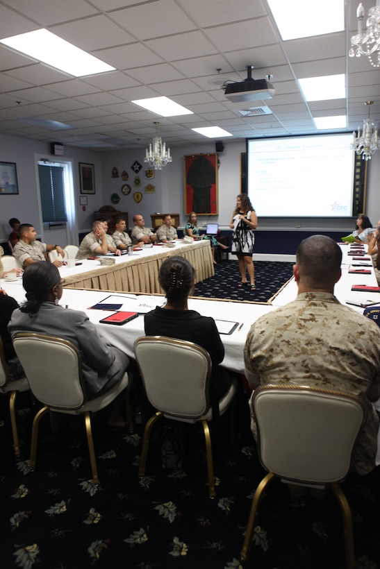 Danielle Pentek, assistant director of Onslow County Combined Federal Campaign, instructs senior leaders from around Marine Corps Base Camp Lejeune during the annual CFC breakfast and training session at the Paradise Point Officers’ Club, Aug. 17, to kick off next year’s donation process.