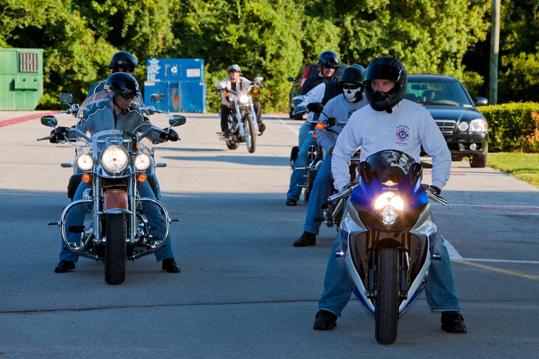 26th Marine Expeditionary Unit Command Element Marines participate in the MEUs first motorcycle ride on Camp Lejeune, N.C., August 24, 2011. Marines performed motorcycle inspections, gear safety checks and conducted a safety brief before starting a two hour bike ride from Lejeune to Wilmington, N.C.