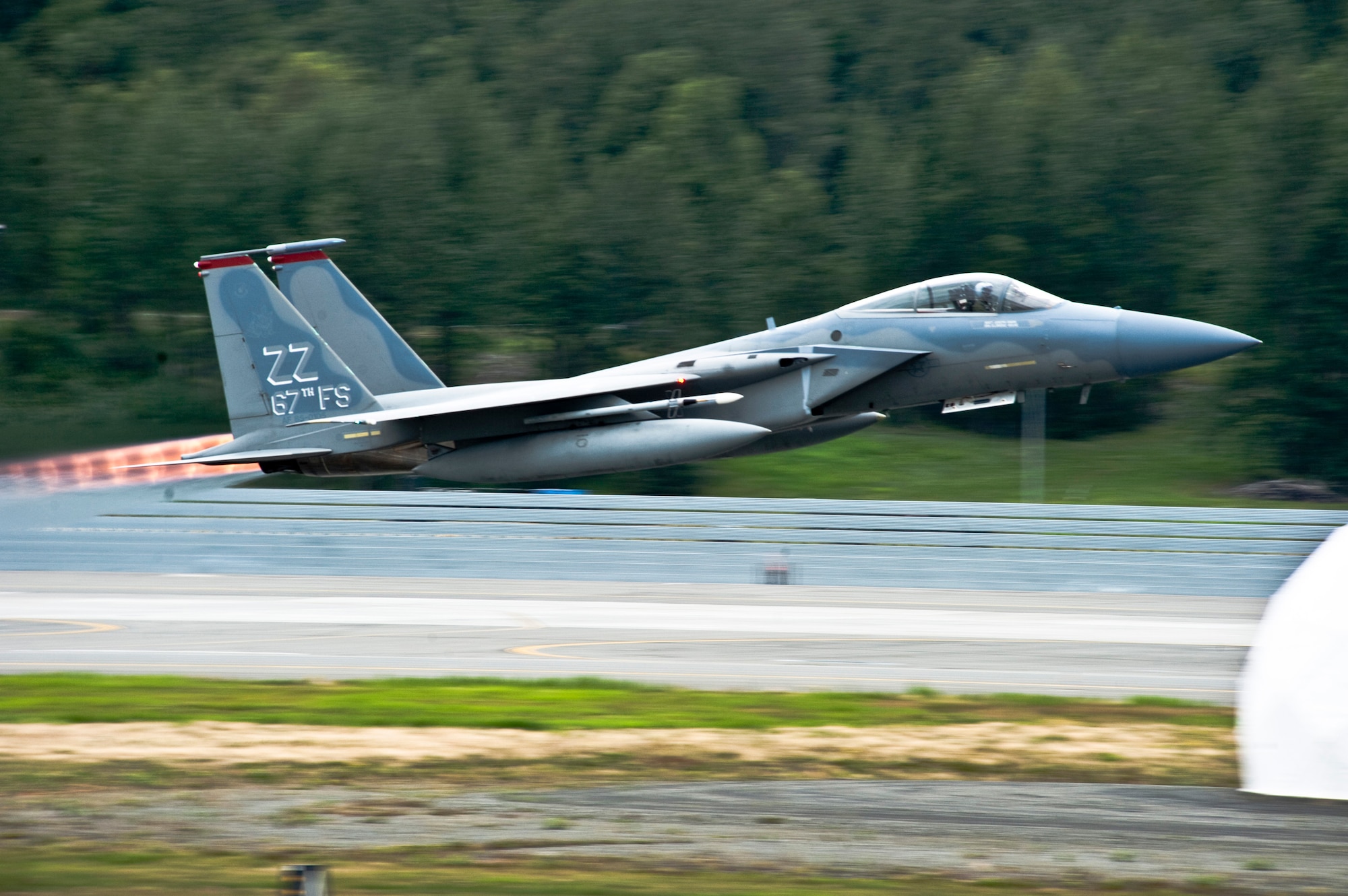 JOINT BASE ELMENDORF-RICHARDSON, Alaska -- An F-15 Eagle takes off from JBER Aug. 18. Approximately 150 Airmen and 10 jets from Kadena Air Base, Okinawa, Japan, traveled to Alaska earlier in the month to participate in Red Flag-Alaska 11-3, which runs from Aug. 15 through 26. (U.S. Air Force photo/Senior Airman Christopher Gross)