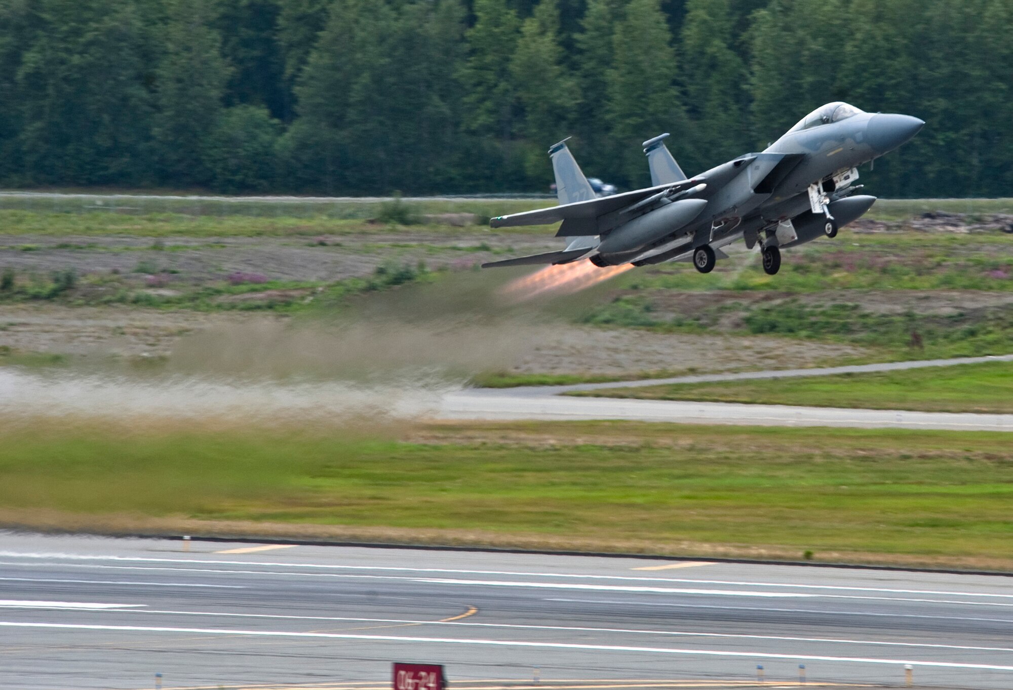 JOINT BASE ELMENDORF-RICHARDSON, Alaska -- An F-15 Eagle takes off from JBER Aug. 18. Approximately 150 Airmen and 10 jets from Kadena Air Base, Okinawa, Japan, traveled to Alaska earlier in the month to participate in Red Flag-Alaska 11-3, which runs from Aug. 15 through 26. (U.S. Air Force photo/Senior Airman Christopher Gross)