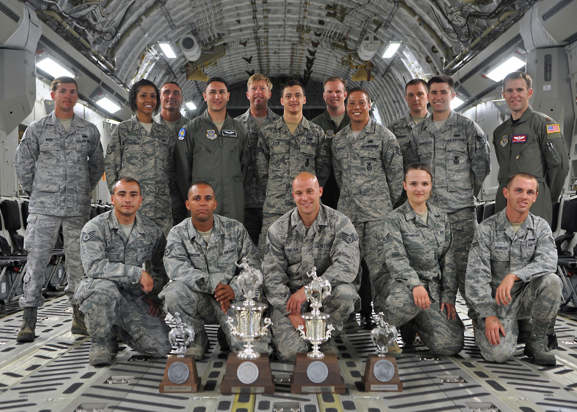 Representatives from the 62nd Airlift Wing/627th Air Base Group Rodeo combo team on board a C-17 Globemaster III with Air Mobility Rodeo trophies August 24, 2011, at Joint Base Lewis-McChord, Wash. Discovery of a programming error in the Air Mobility Rodeo scoring system has the 62nd Airlift Wing/627th Air Base Group Rodeo combo team winning Best C-17 Wing. (U.S. Air Force photo/Airman 1st Class Leah Young) 
