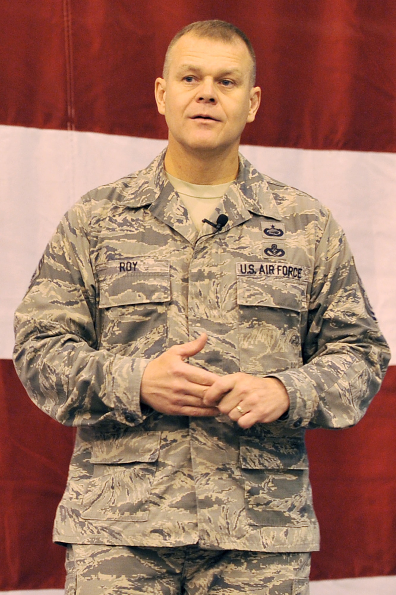 Chief Master Sgt. of the Air Force James Roy addresses an audience during the enlisted call at Offutt Air Force Base, Neb., Aug. 19, 2011. Roy met with enlisted Airmen to discuss various topics and address their concerns. (U.S. Air Force photo/Charles Haymond)