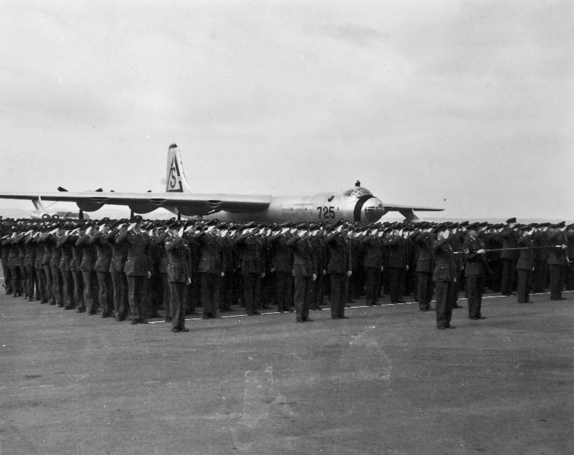 A U.S. Air Force B-36 Peacemaker sits behind a group of Airmen on what is now Ellsworth Air Force Base, S.D. The base will celebrate its 70th anniversary next year. (U.S. Air Force file photo) 
