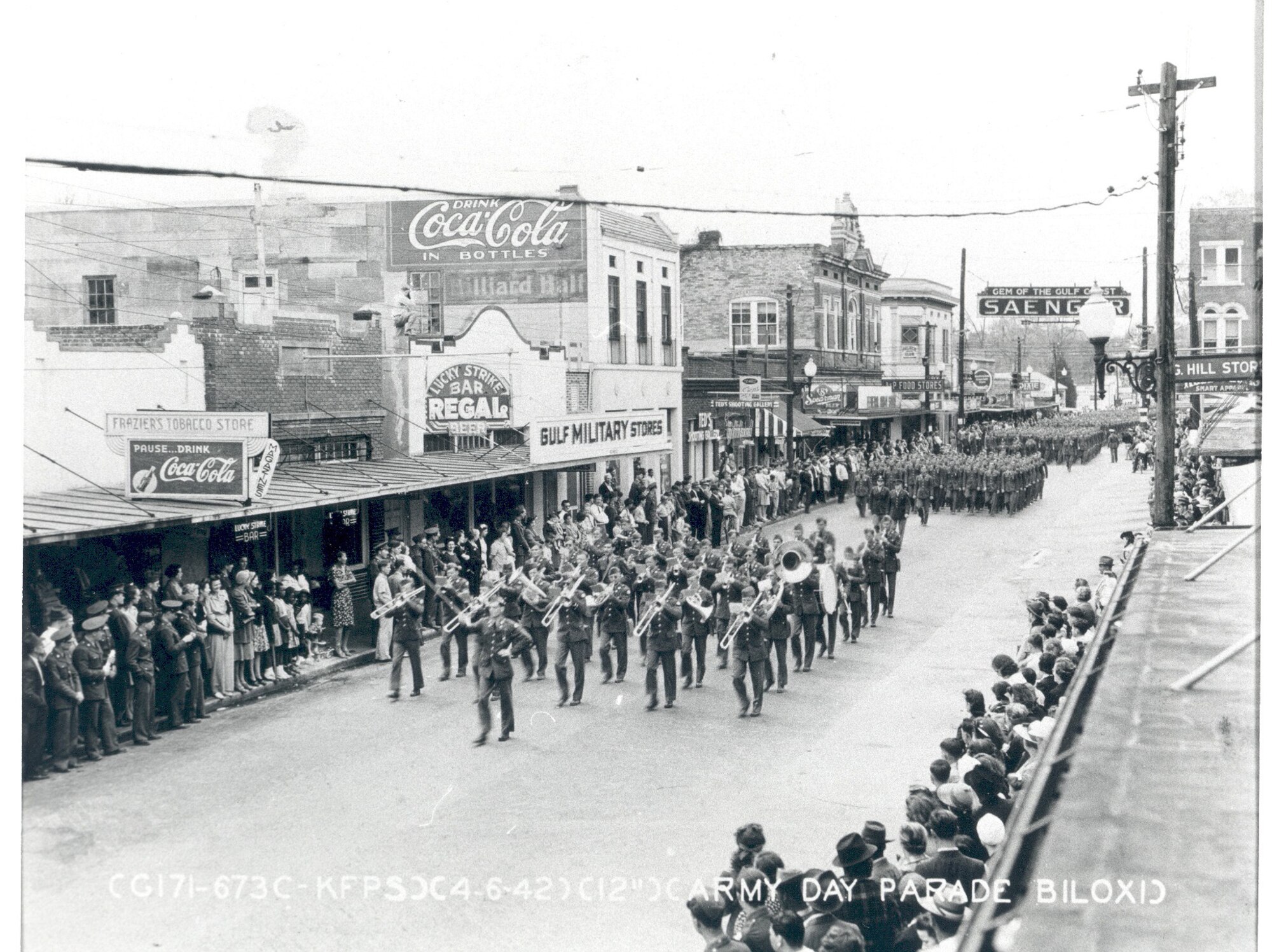 Parade marches down the streets of old downtown Biloxi, 1942.  (Photo courtesy of 81st Training Wing History Office)