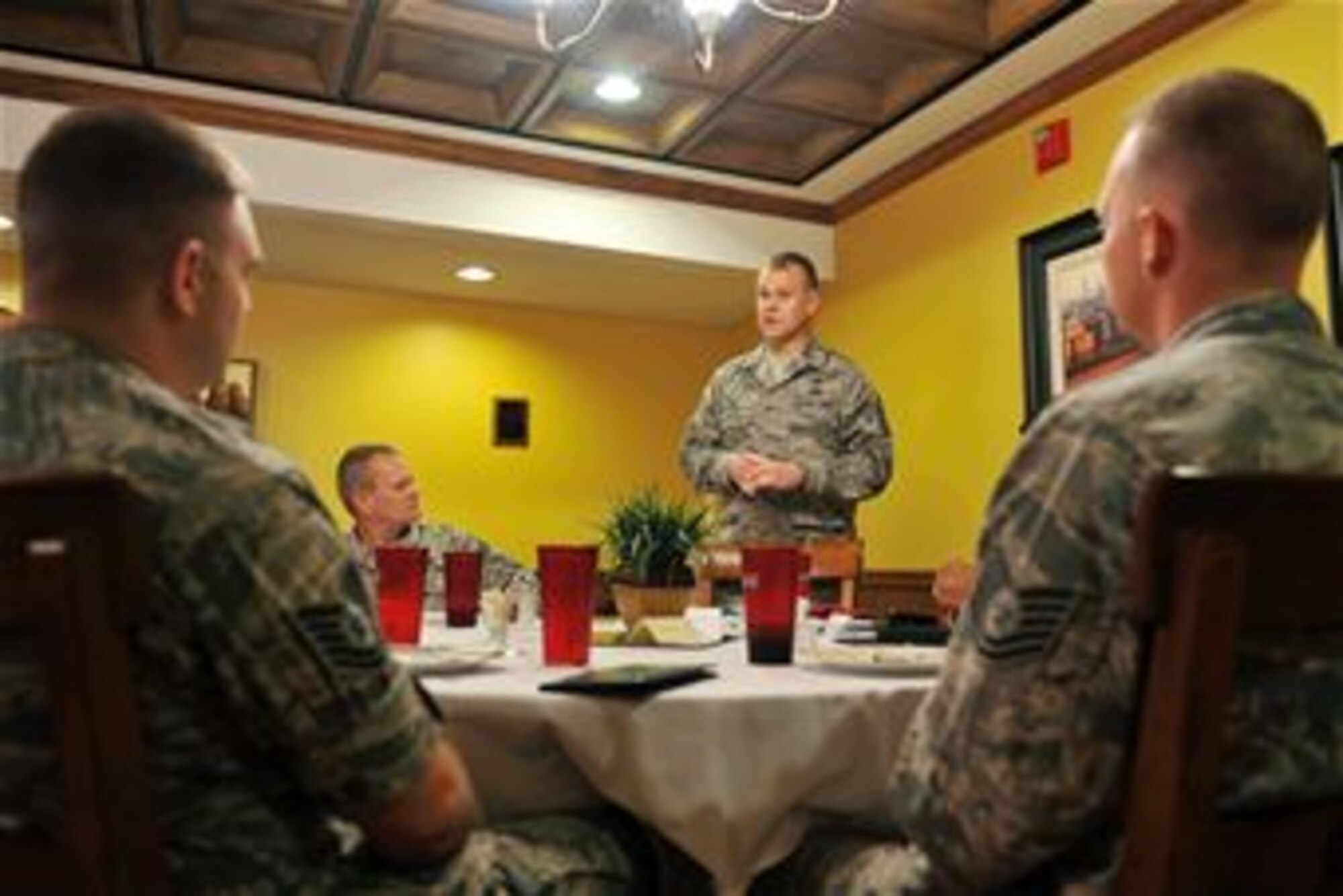 Chief Master Sgt. of the Air Force James Roy speaks with Airmen during a luncheon inside the Patriot Club at Offutt Air Force Base, Neb., Aug. 19. Roy took a moment to say thank you to those behind the scenes that make the Air Force mission possible. (U.S. Air Force Photo by Charles Haymond)