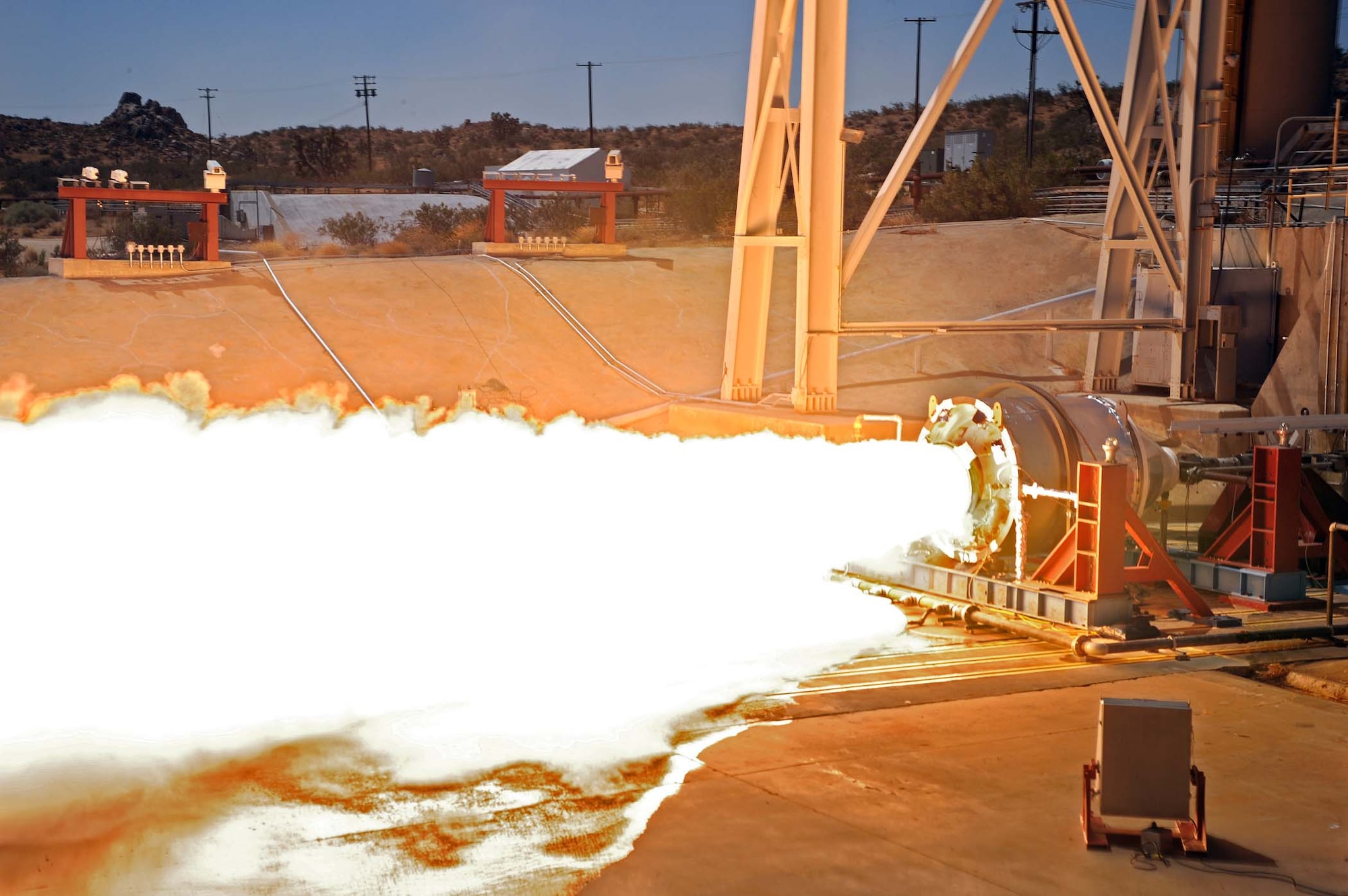 The second stage motor of a Trident 1 C-4 rocket motor was tested at Air Force Research Laboratory Detachment 7 at Edwards Air Force Base July 8. The AFRL testing was part of the Missile Defense Agency’s Aging and Surveillance Program and confirmed that the nearly 30-year-old motors remain viable for future MDA missions. (Air Force photo by Ron Fair)