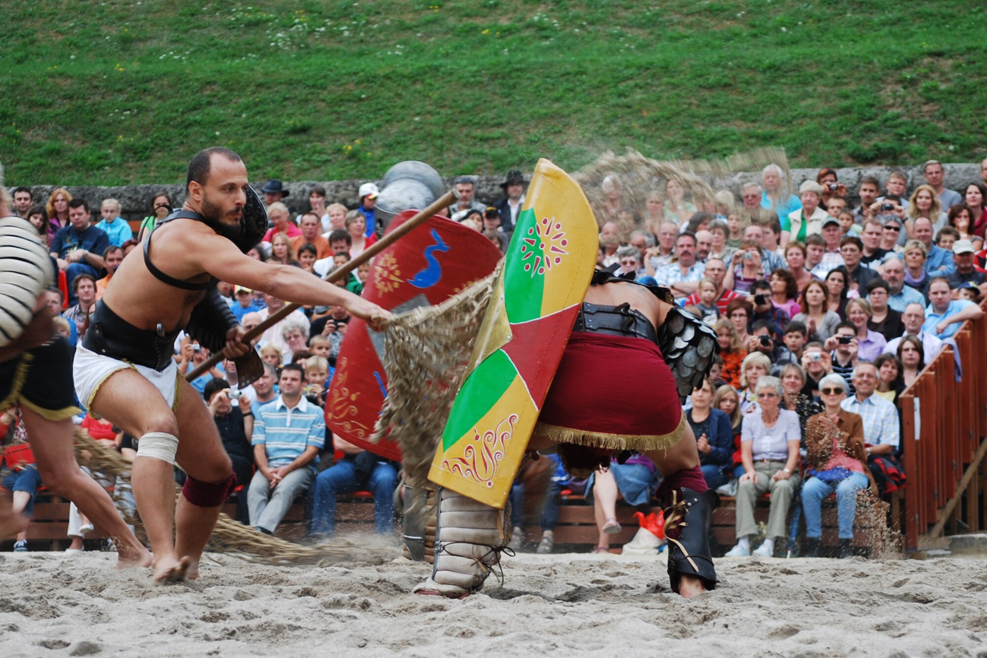 The group Ars Dimicandi performs a show at a past “Bread and Games” event in Trier. Thousands of visitors are expected to arrive for this year’s events from Sept. 2-4. Among the highlights is a new show called “Hercules and the Queen of the Amazons,” which tells the story of Greek hero who fought against the Amazons in the year 170 A.D. The show offers gladiator fights and horse stunts, according to event organizers.  (Courtesy photo) 