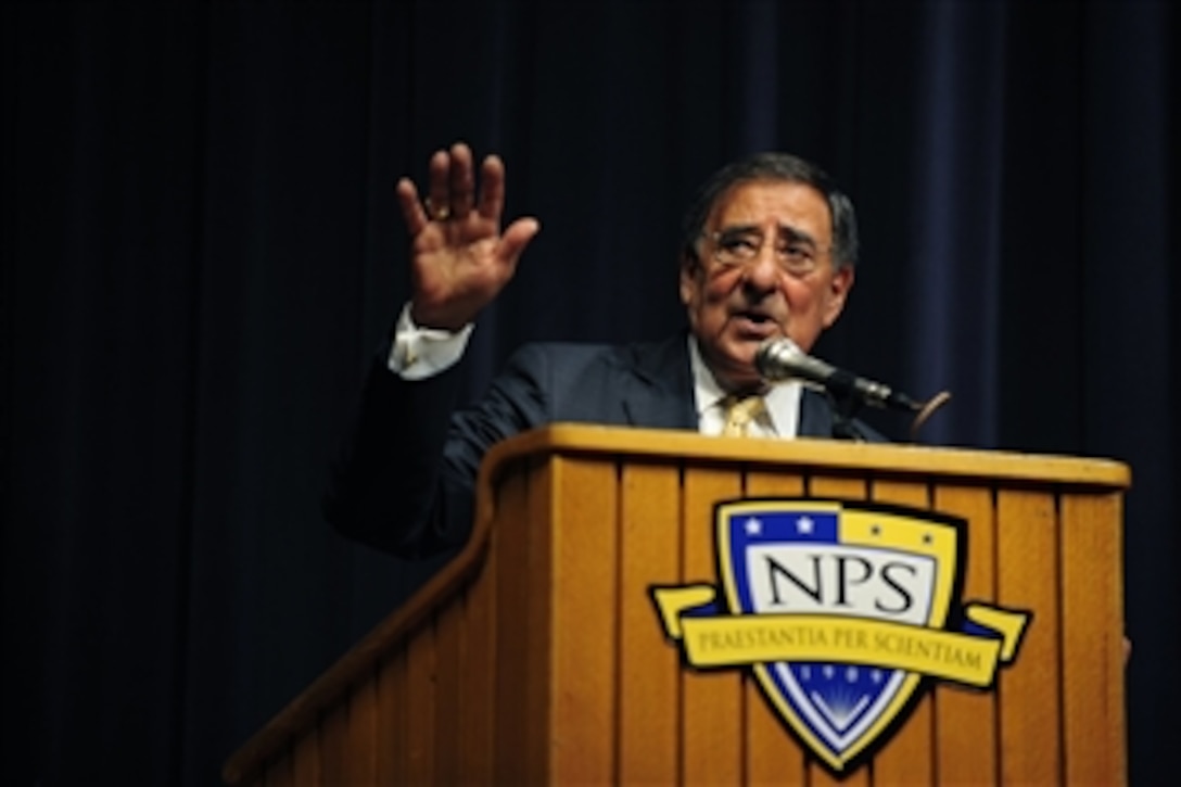 Defense Secretary Leon E. Panetta responds to a question from an audience member at the Naval Postgraduate School at Monterey, Calif., Aug. 23, 2011.  DoD photo by Tech. Sgt. Jacob N. Bailey, U.S. Air Force.  (Released)
