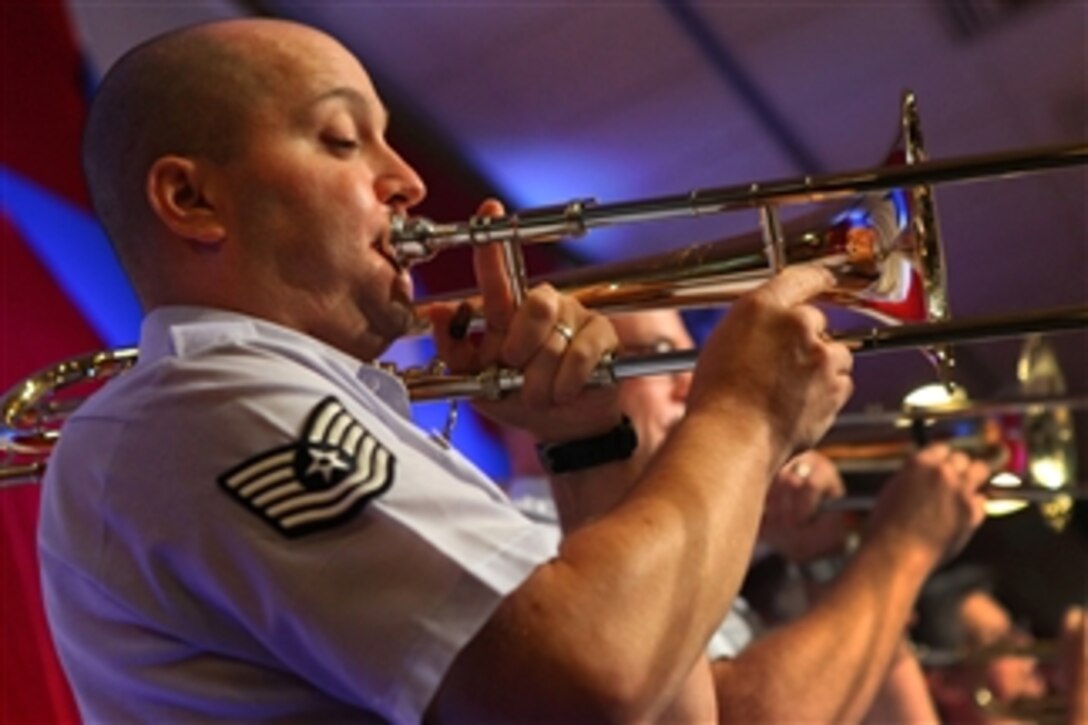 Air Force Trombonist Tech. Sgt. Jeremy Grant of the United States Air Force Band of Liberty performs at the reception for the 2011 Atlantic City Air Show Thunder over the Boardwalk on August 16, 2011. 