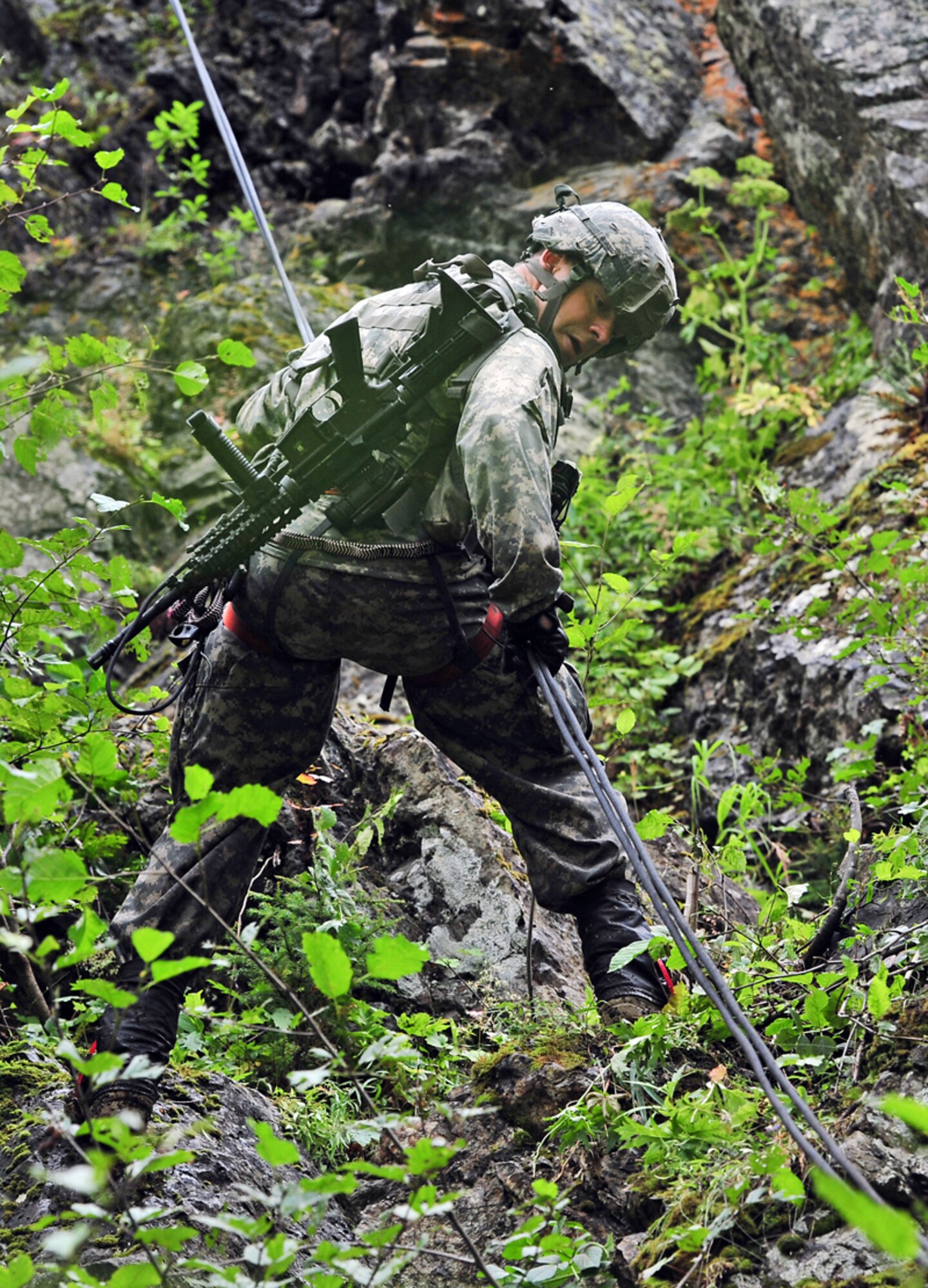 Army Lt. Col. Marc Hoffmeister, 6th Engineer Battalion (Combat) (Airborne)battalion commander, of Eagle River, Alaska, rappells down a cliff during the Order of the Arctic Sapper competition, Aug. 17.   (U.S. Air Force photo/Justin Connaher)
