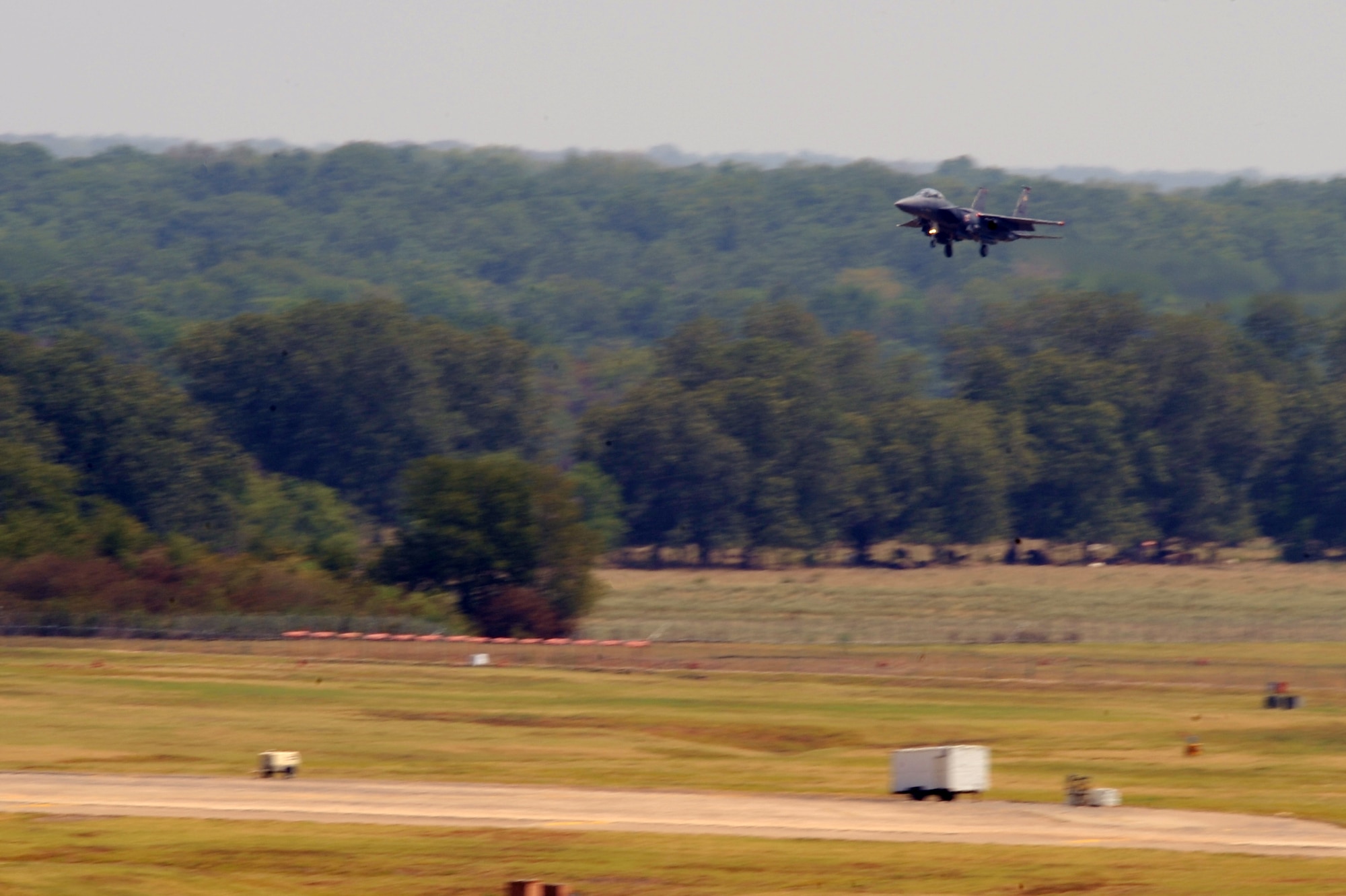 An F-15E Strike Eagle prepares to land at Barksdale Air Force Base, La., Aug. 25. Aircraft from Seymour Johnson Air Force Base, N.C., evacuated here, due to Hurricane Irene. The hurricane is predicted to hit the East coast over the next few days. (U.S. Air Force photo/Airman 1st Class Micaiah Anthony)(RELEASED) 