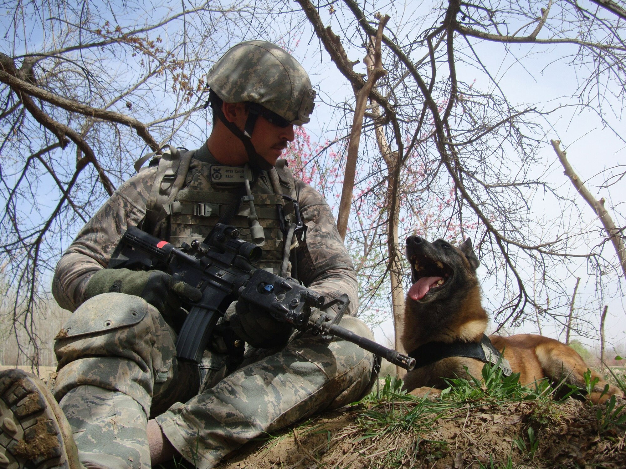 Staff Sgt. Jose Cadena pictured with his military working dog in Afghanistan March 17. He received a Bronze Star for his efforts in support of Operation Enduring Freedom. (Courtesy photo) 