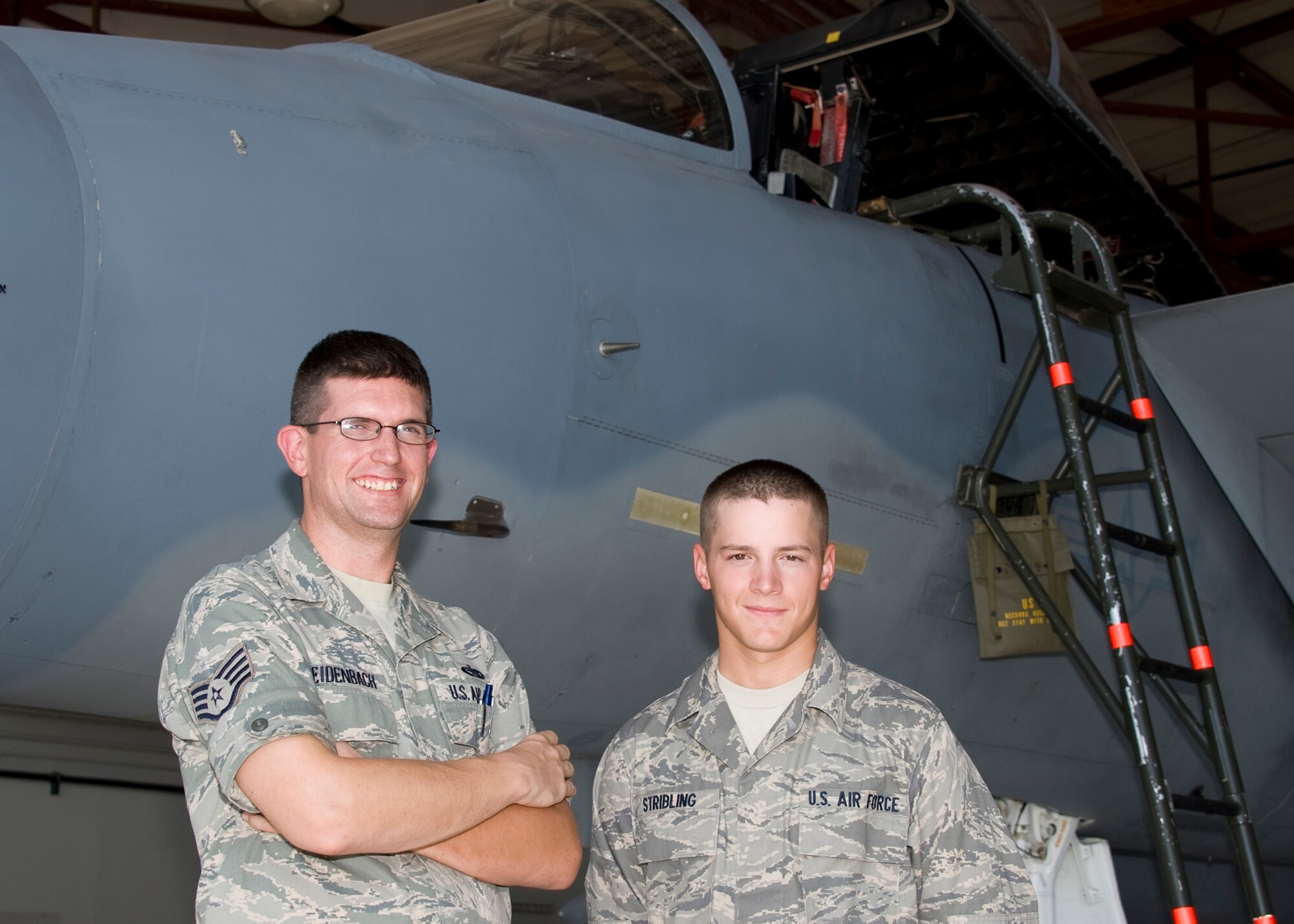 SHEPPARD AIR FORCE BASE, TEXAS?Staff Sgt. James Breidenbach, 362nd Training Squadron Fighter Commons course instructor, and Airman Lance Stribling, a student in the 18-day Fighter Commons course, told their ?small world? story Aug. 23. They both hail from Abilene, Texas where they went to the same school and had some of the same teachers. Breidenbach graduated in 2001 with Stribling?s older sister and Stribling graduated in 2008. (U.S. Air Force photo/Danny Webb) 