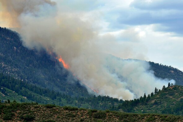 The Beaver Creek fire burns north of the Air Force Academy Aug. 19, 2011. The fire consumed approximately 100 acres before being contained. Firefighters from the Tri-Lakes and Air Force Academy fire departments were among those who responded to the blaze. (U.S. Air Force photo/Raymond McCoy)