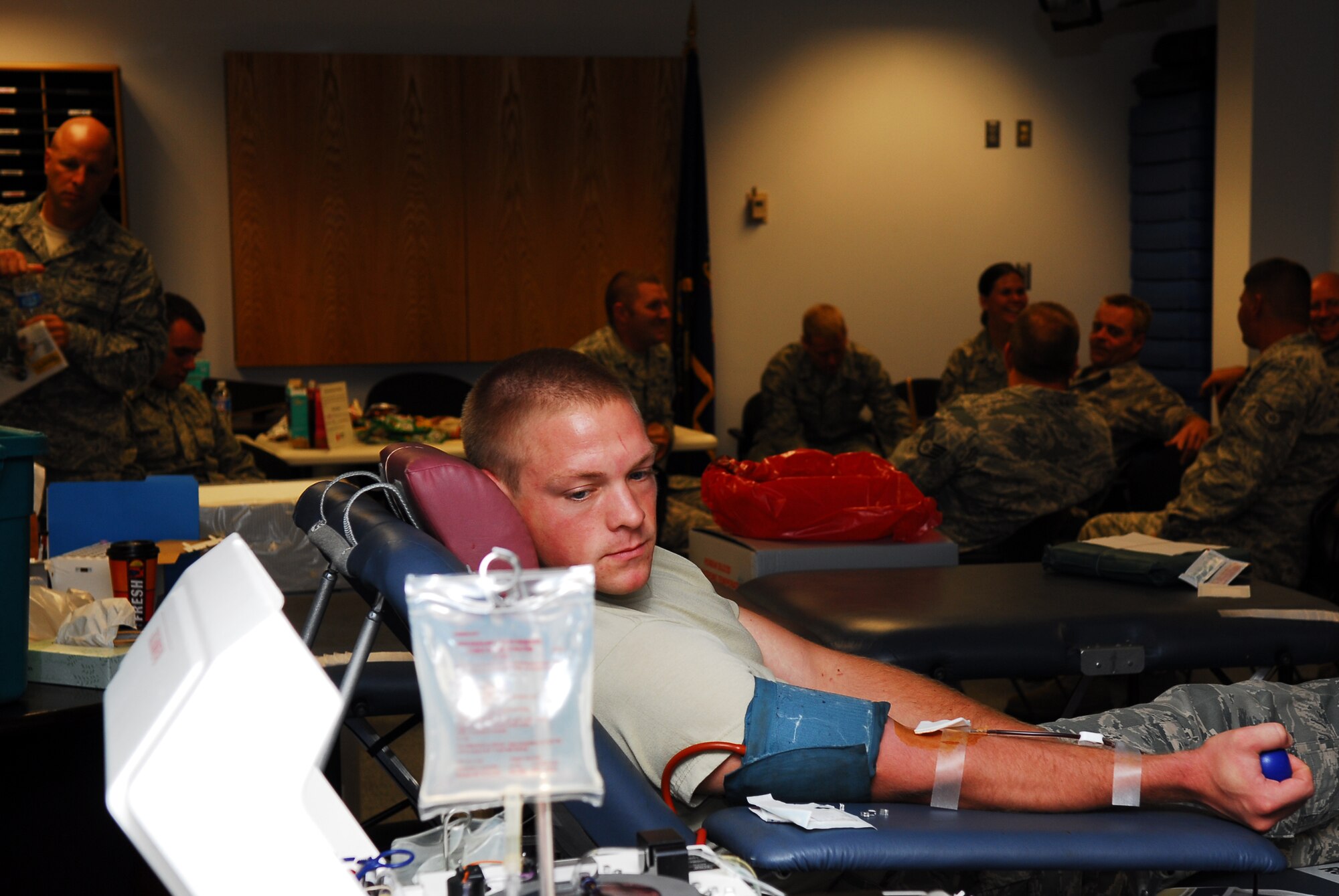 Members of the 171st Air Refueling Wing volunteer to donate approximately 40 pints of blood during an American Red Cross blood drive on base. (U.S. Air Force Photo by Tech. Sgt. Stacy Gault)