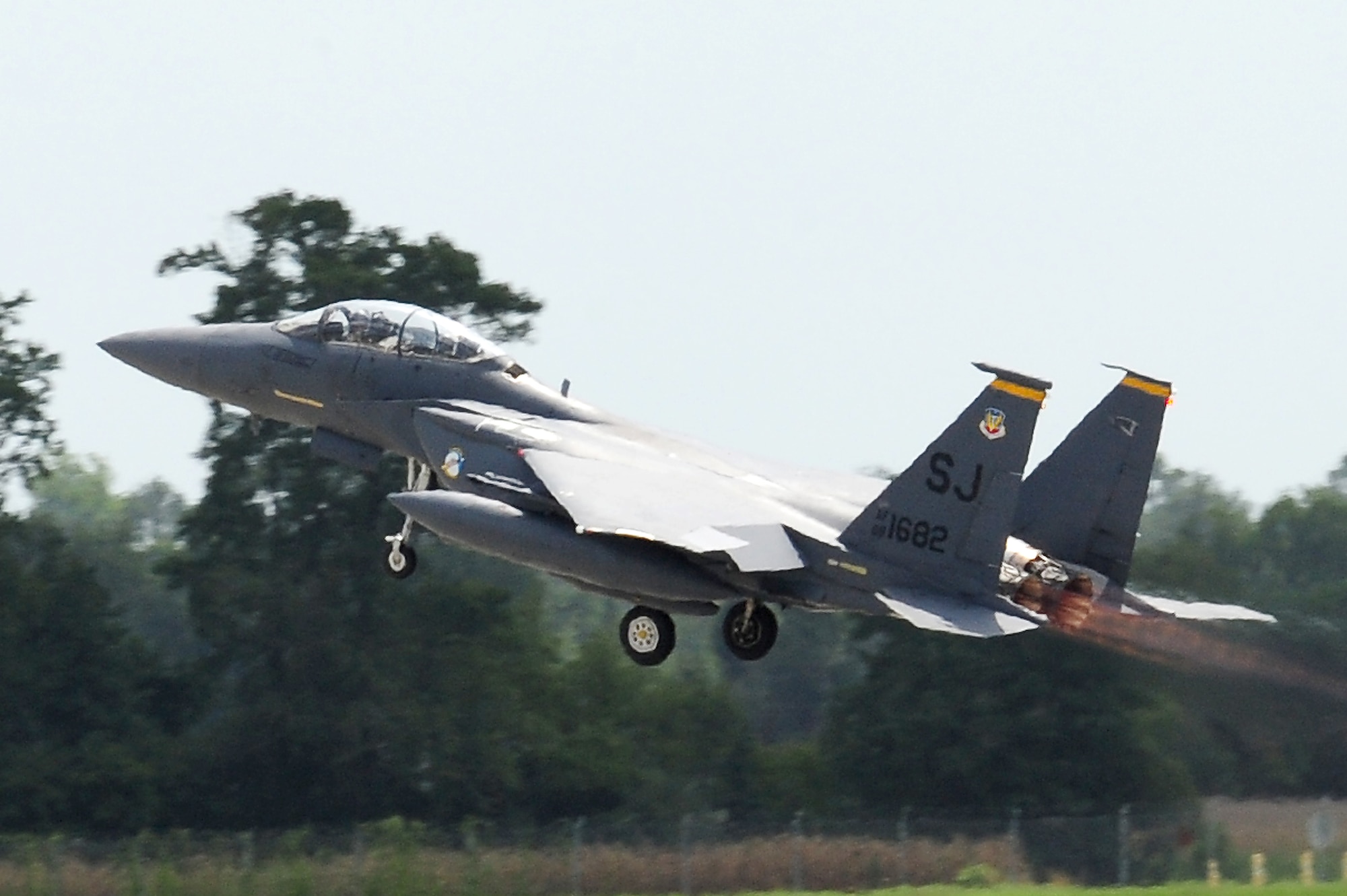 An F-15E Strike Eagle takes-off as part of an evacuation for Hurricane Irene here, Aug. 25, 2011. By the time the eye of Hurricane Irene reaches the Outer Banks, it will be a category three storm with sustained winds between 111 and 130 miles per hour and a nine to 12 foot storm surge. (U.S. Air Force photo by Senior Airman Rae Perry/Released)