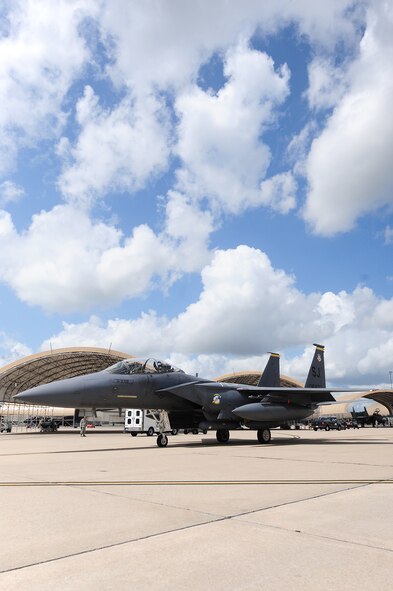 An F-15E Strike Eagle from the 336th Fighter Squadron taxis to the runway during an evacuation in preparation of Hurricane Irene's arrival here, Aug. 25, 2011. Approximately 70 aircraft and more than 300 Airmen from the 4th Fighter Wing and the 916th Air Refueling Wing will ride out the storm at Barksdale Air Force Base, La. (U.S. Air Force photo by Senior Airman Rae Perry/Released)