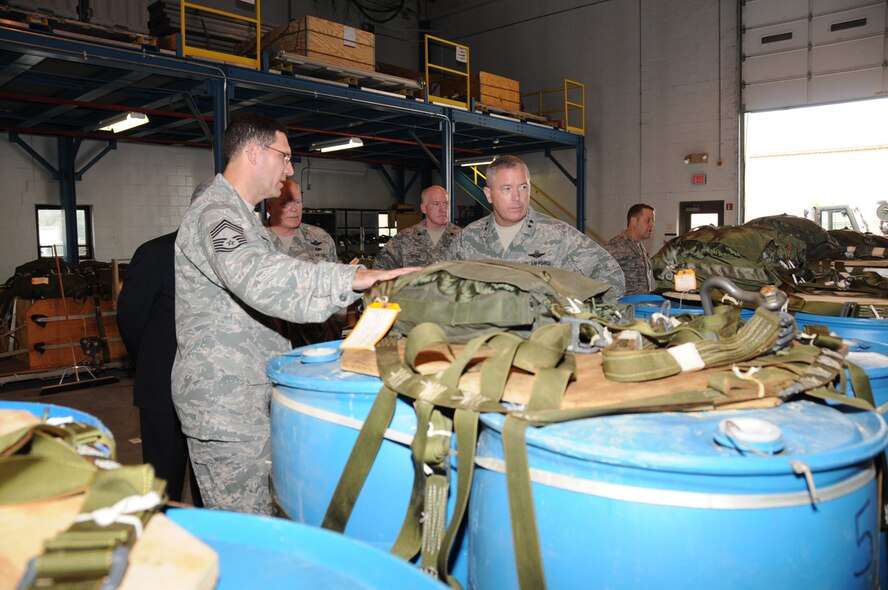 Chief Master Sergeant Edward Ratka, Air Terminal Superintendent shows Maj Gen William Etter, Deputy Director Air National Guard the Container Delivery System being utilized by the 193rd Special Operations Wing. General Etter visited the 193rd today and was given a tour of the facilities and aircraft of the 193rd. The 193rd is the home of the EC130-J Commando Solo aircraft and several Air National Guard units at Fort Indiantown Gap, Annville and State College Pennsylvania.