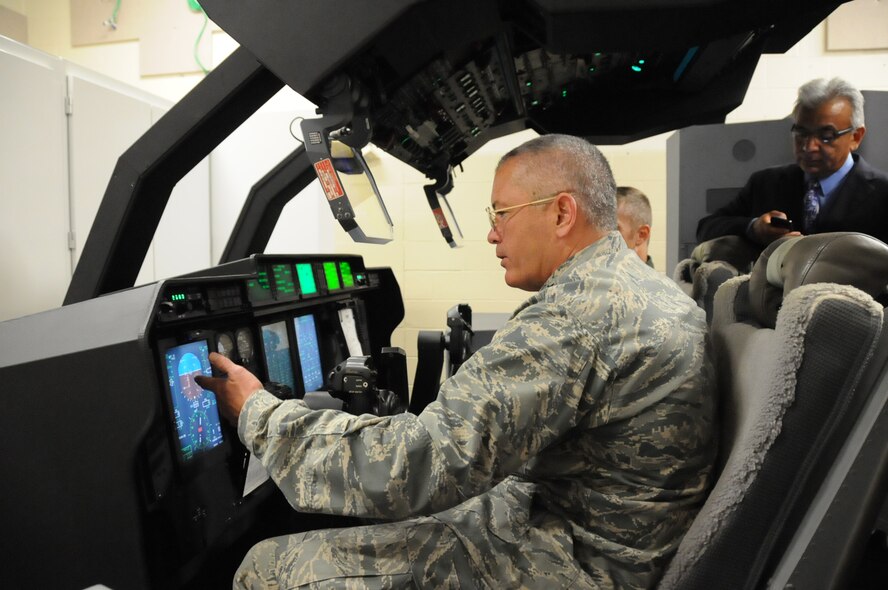 Maj Gen William Etter, Deputy Director Air National Guard gets a close up look at the Cockpit Avionics Part Task Trainer in use at the 193rd Special Operations Wing, Middletown Pa to help train flight crews utilizing the C130-J. The general visited the 193rd today and was given a tour of the facilities and aircraft of the 193rd. The 193rd is the home of the EC130-J Commando Solo aircraft and several Air National Guard units at Fort Indiantown Gap, Annville and State College Pennsylvania.