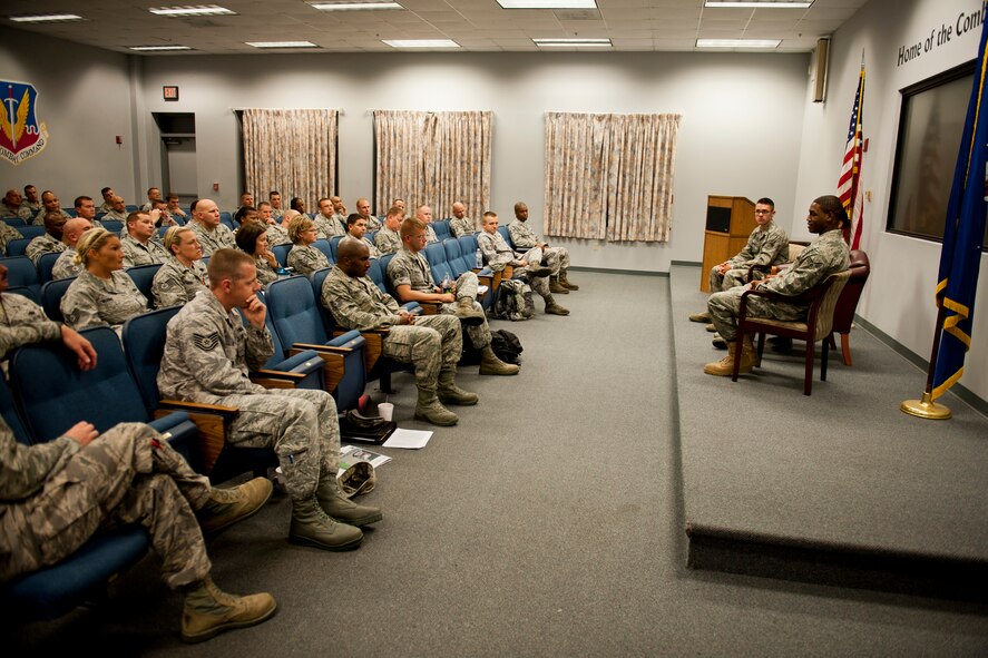 U.S. Air Force technical sergeants attending a senior NCO enhancement seminar at Moody Air Force Base, Ga., speak with an Airmen’s panel Aug. 25, 2011. During the session, the sergeants and panel exchanged views on leadership and issues within the Air Force. (U.S. Air Force photo by Staff Sgt. Jamal D. Sutter/Released)