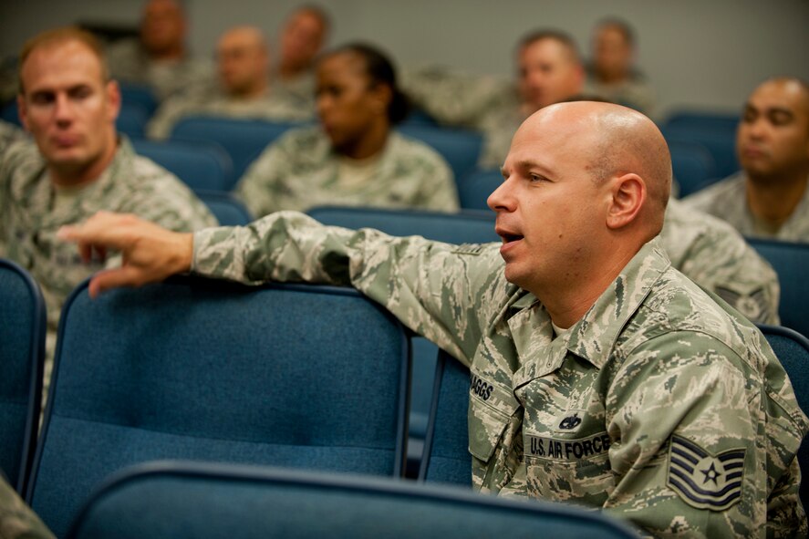 U.S. Air Force Tech. Sgt. Kevin Skaggs, 23rd Maintenance Group quality assurance supervisor, asks a question during a senior NCO enhancement seminar at Moody Air Force Base, Ga., Aug. 25, 2011. Skaggs asked a panel of young Airmen to share the reasons they joined the Air Force and what motivates them. (U.S. Air Force photo by Staff Sgt. Jamal D. Sutter/Released)
