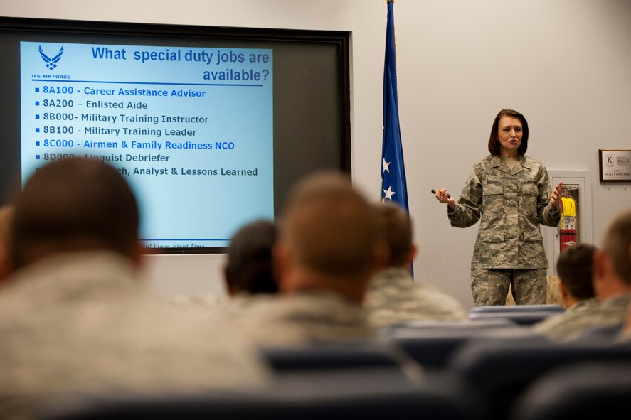 U.S. Air Force Master Sgt. Heather Hughes, 23rd Force Support Squadron career assistant advisor, conducts a brief during a senior NCO enhancement seminar at Moody Air Force Base, Ga., Aug. 25, 2011. The seminar was a four-day event that provided information to better prepare technical sergeants as they transition to the senior NCO tier. (U.S. Air Force photo by Staff Sgt. Jamal D. Sutter/Released)